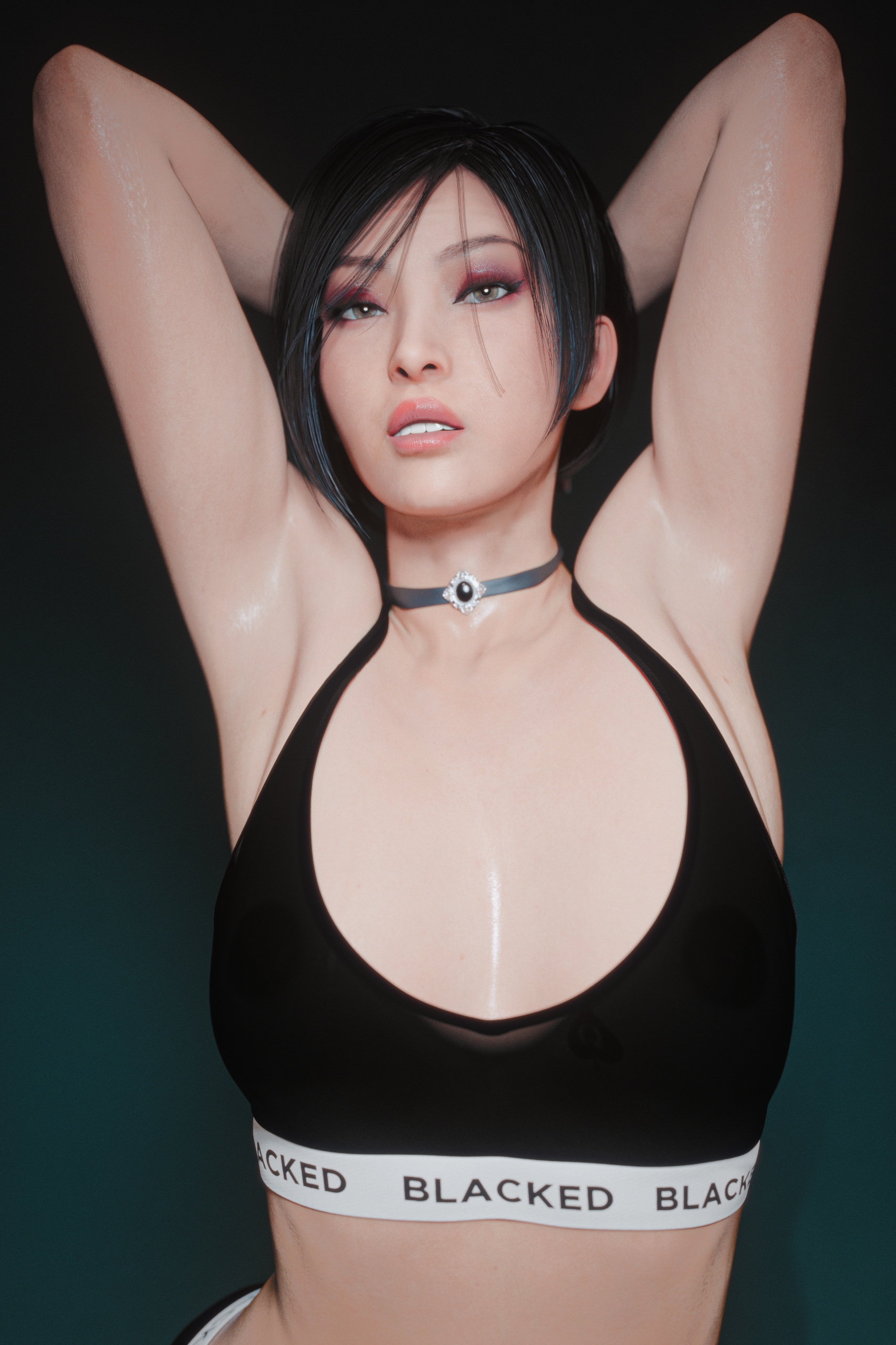 General 1706x2560 Ada Wong Resident Evil 2 Remake Resident Evil Blacked blacked clothes standing boobs fictional character Capcom video games arms up armpits frontal view parted lips arm(s) behind head edit looking at viewer choker video game characters CGI video game girls teeth portrait display