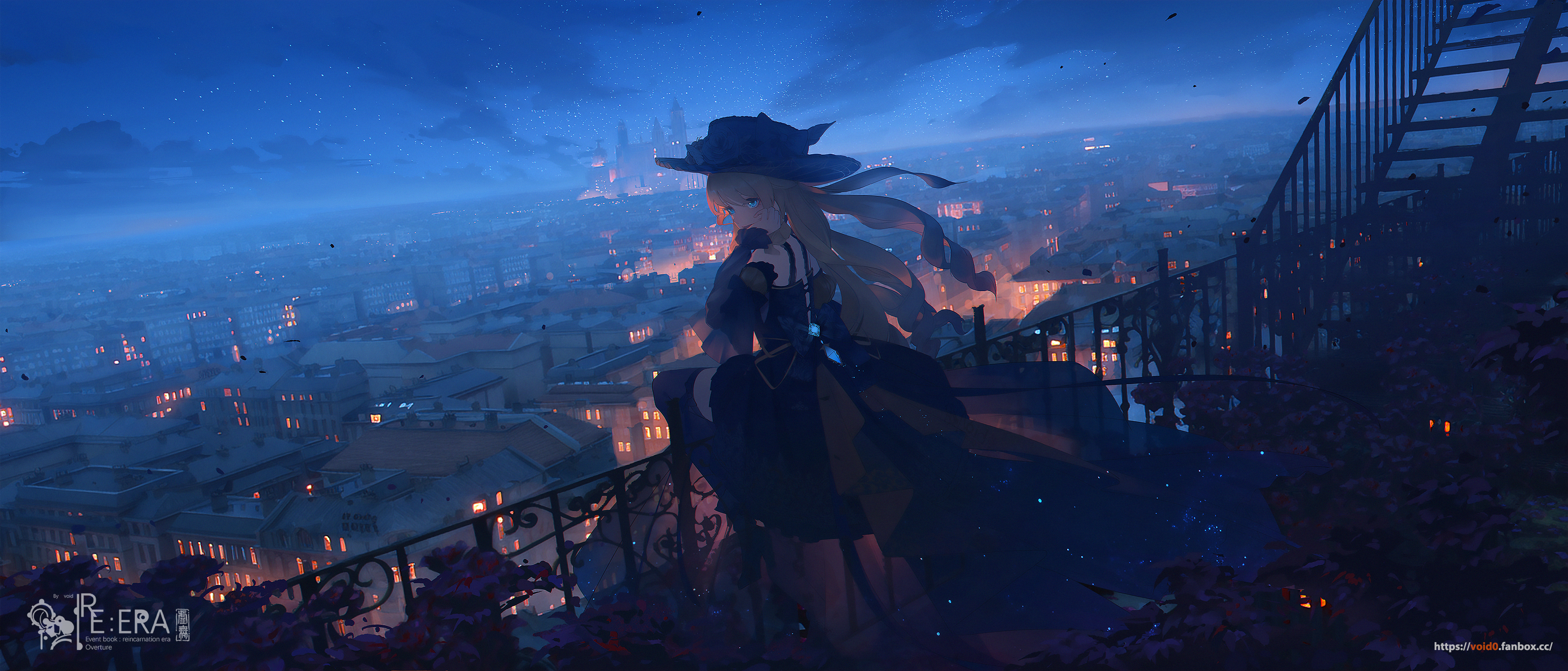 Anime 3360x1440 Genshin Impact artwork Navia (Genshin Impact) anime anime girls blonde blue eyes city horizon hat dress long hair stairs fence flowers starred sky void_0 watermarked cityscape looking at viewer standing handrail building detached sleeves stars