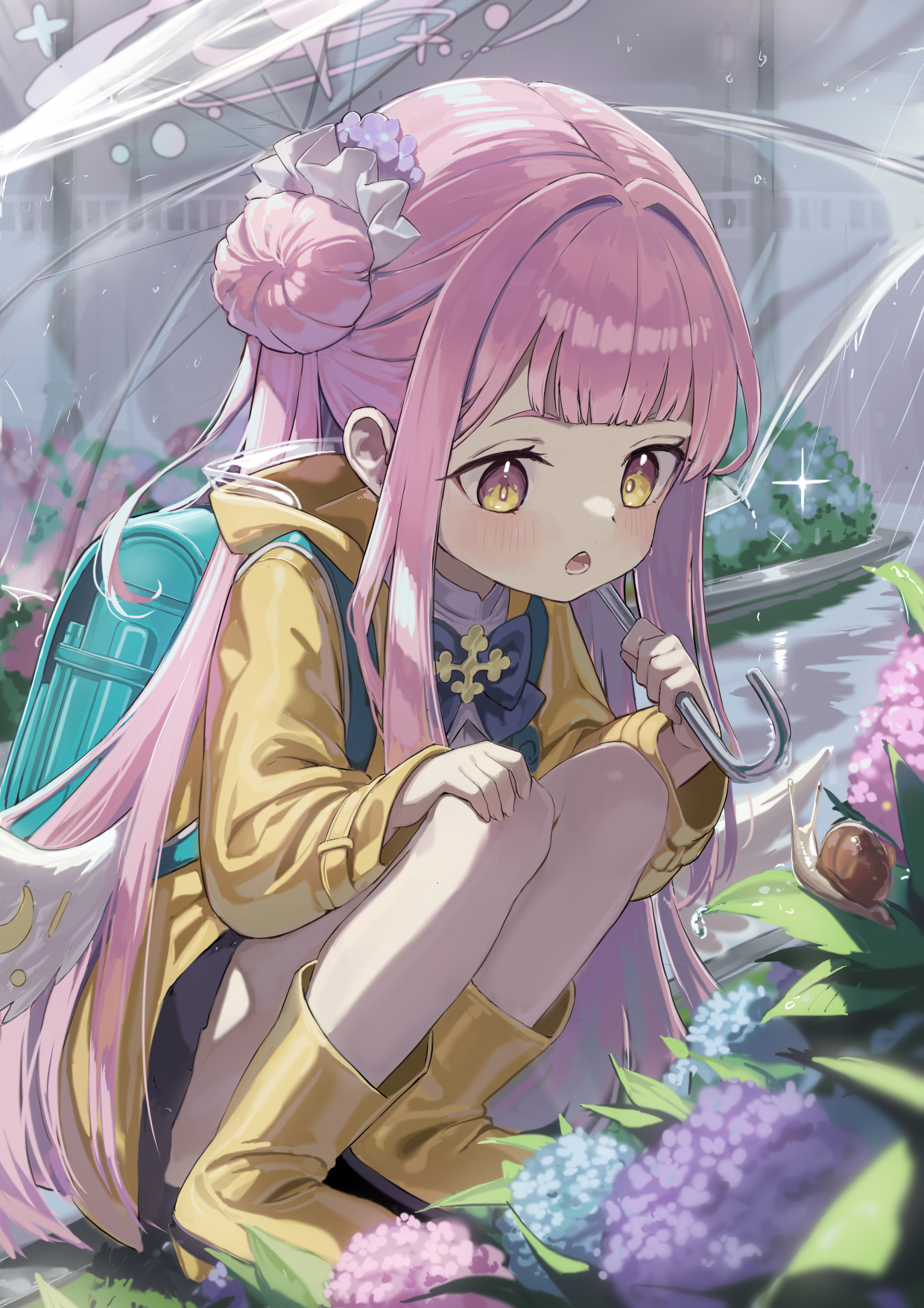 Anime 1240x1756 Misono Mika anime Blue Archive Bada portrait display long hair anime girls hairbun pink hair yellow eyes blunt bangs umbrella transparency leaves blushing bent legs hands on knees wings backpacks raincoat children snail boots squatting yellow raincoat insect