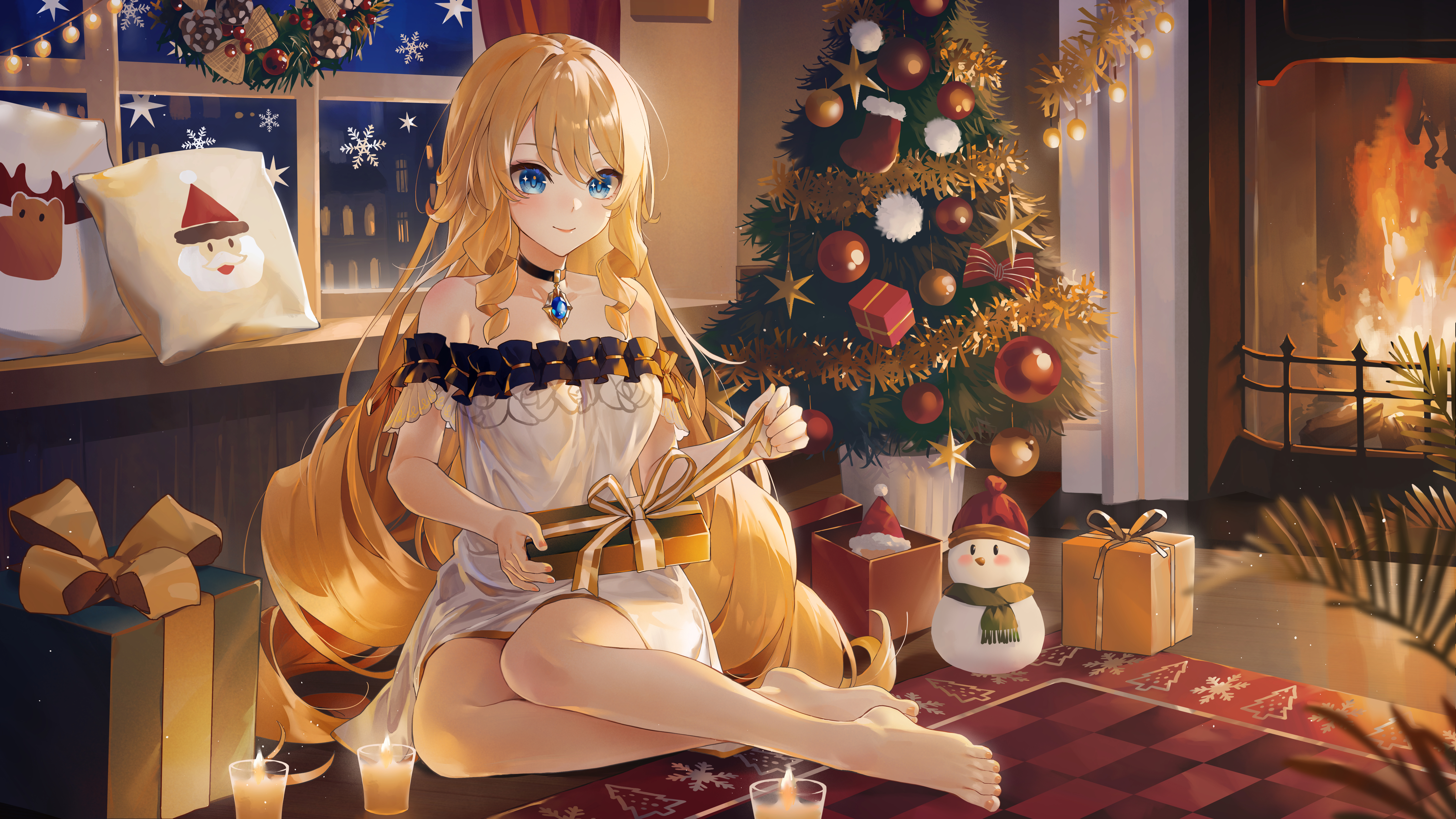Anime 6400x3600 anime anime girls Navia (Genshin Impact) sitting blonde Christmas tree presents fireplace long hair blue eyes Christmas Genshin Impact SWKL indoors women indoors Christmas ornaments  fire bent legs bare shoulders candles looking at viewer hair between eyes window snowman snowflakes closed mouth smiling socks pointed toes pillow choker frills gemstones