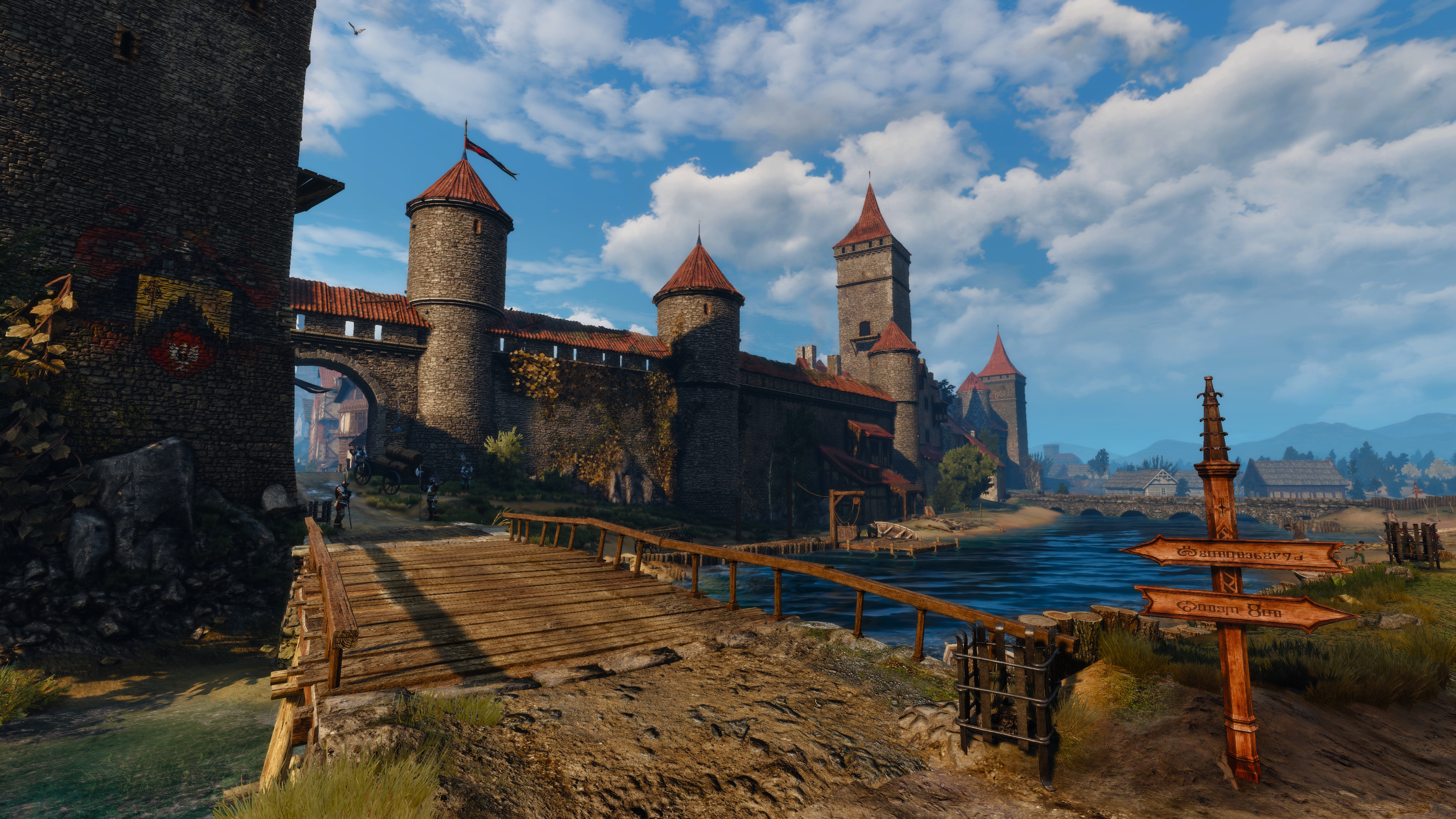 General 3840x2160 The Witcher 3: Wild Hunt screen shot PC gaming cityscape Novigrad city video game art video games water bridge clouds sky CGI wood flag sign arrow (design)