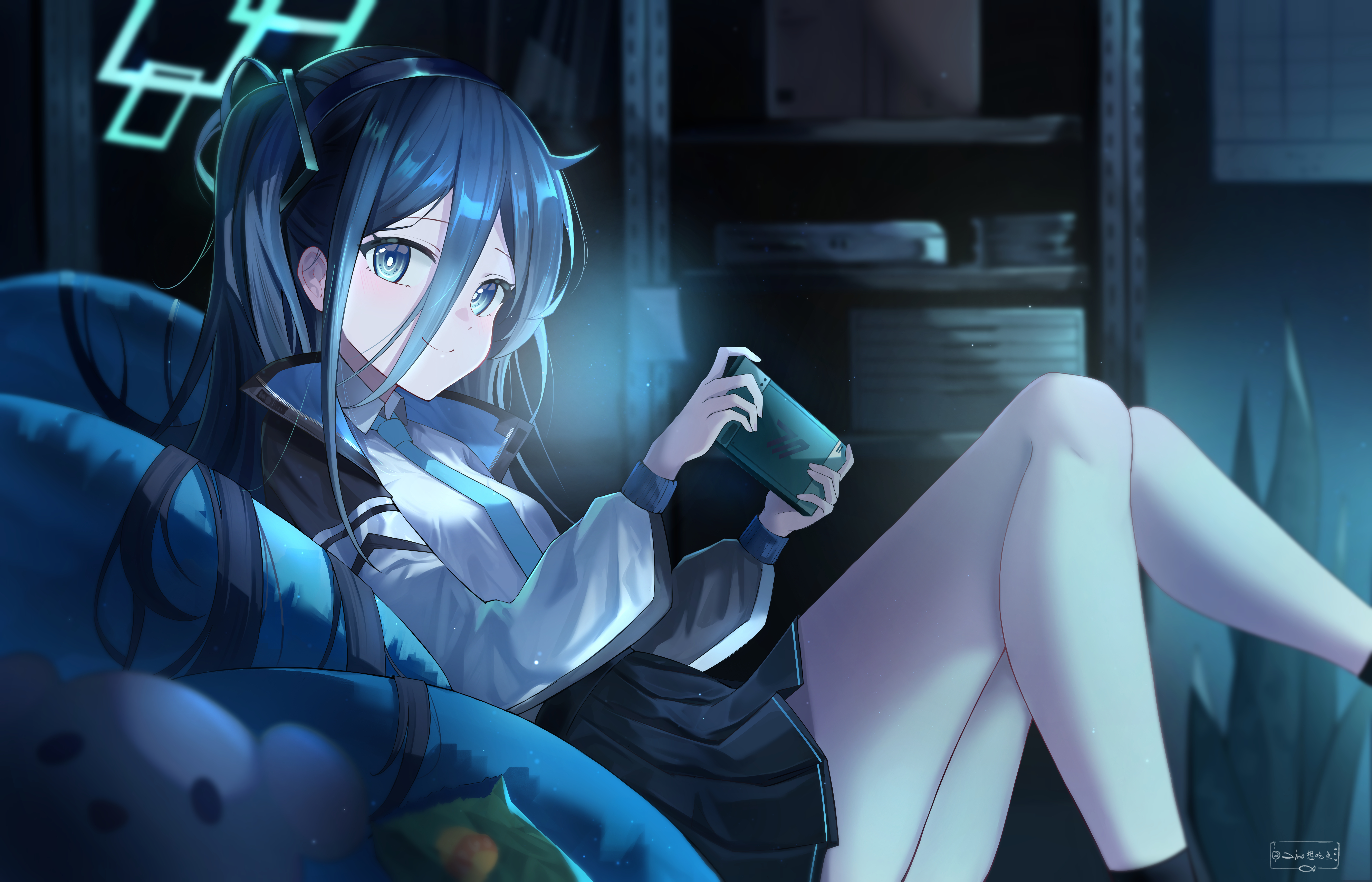 Anime 6717x4317 Tendou Alice Blue Archive blue eyes dark hair long hair anime girls video game characters skirt hair between eyes anime games smiling closed mouth bent legs lying down lying on back indoors women indoors looking at viewer blue hair tie jacket frills long sleeves consoles chips plush toy zino zinuo ponytail