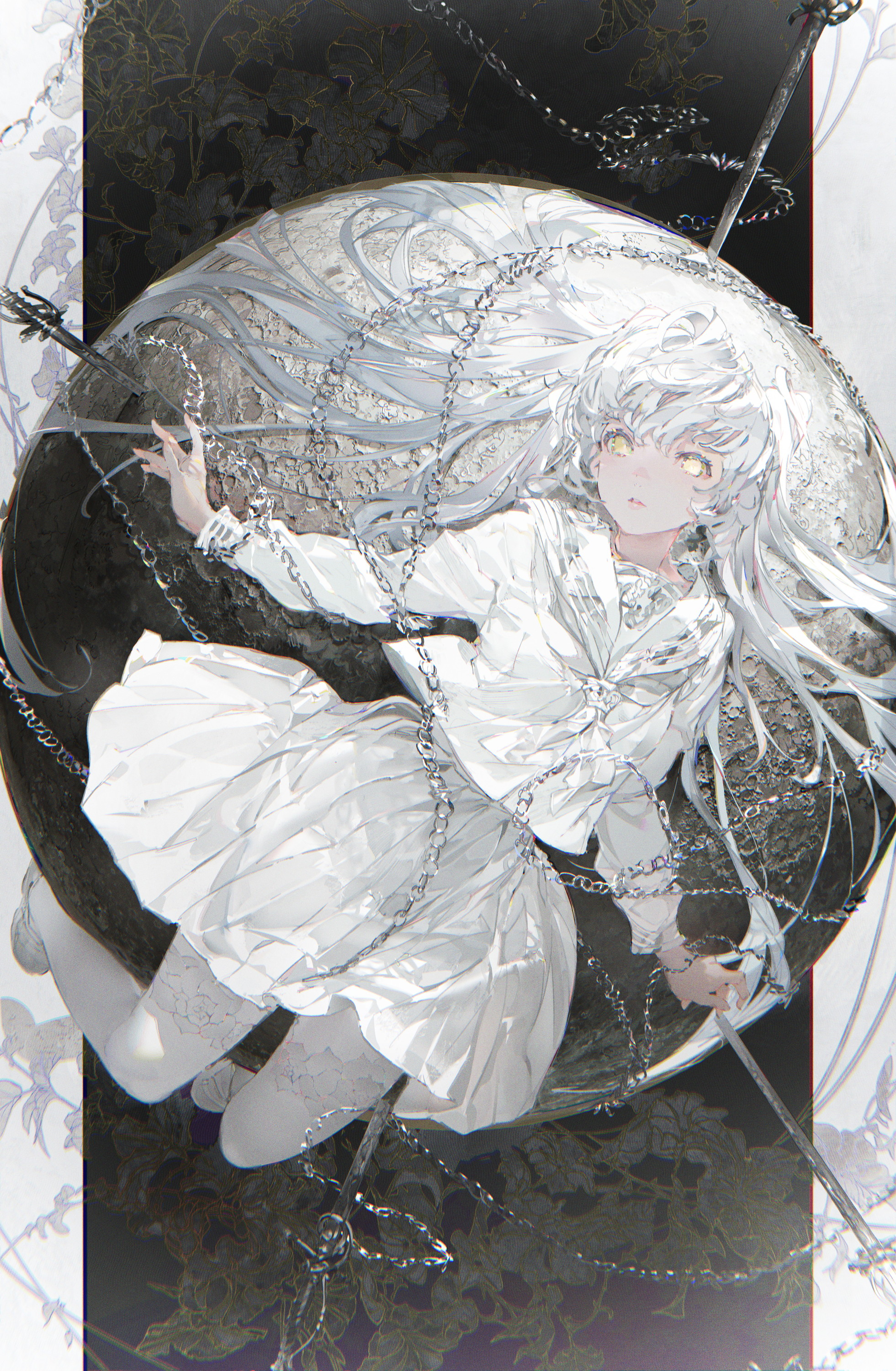 Anime 1961x3000 Taiki anime anime girls white hair long hair globes flying yellow eyes portrait display skirt schoolgirl school uniform white clothing parted lips looking at viewer chains long sleeves neckerchief flowers