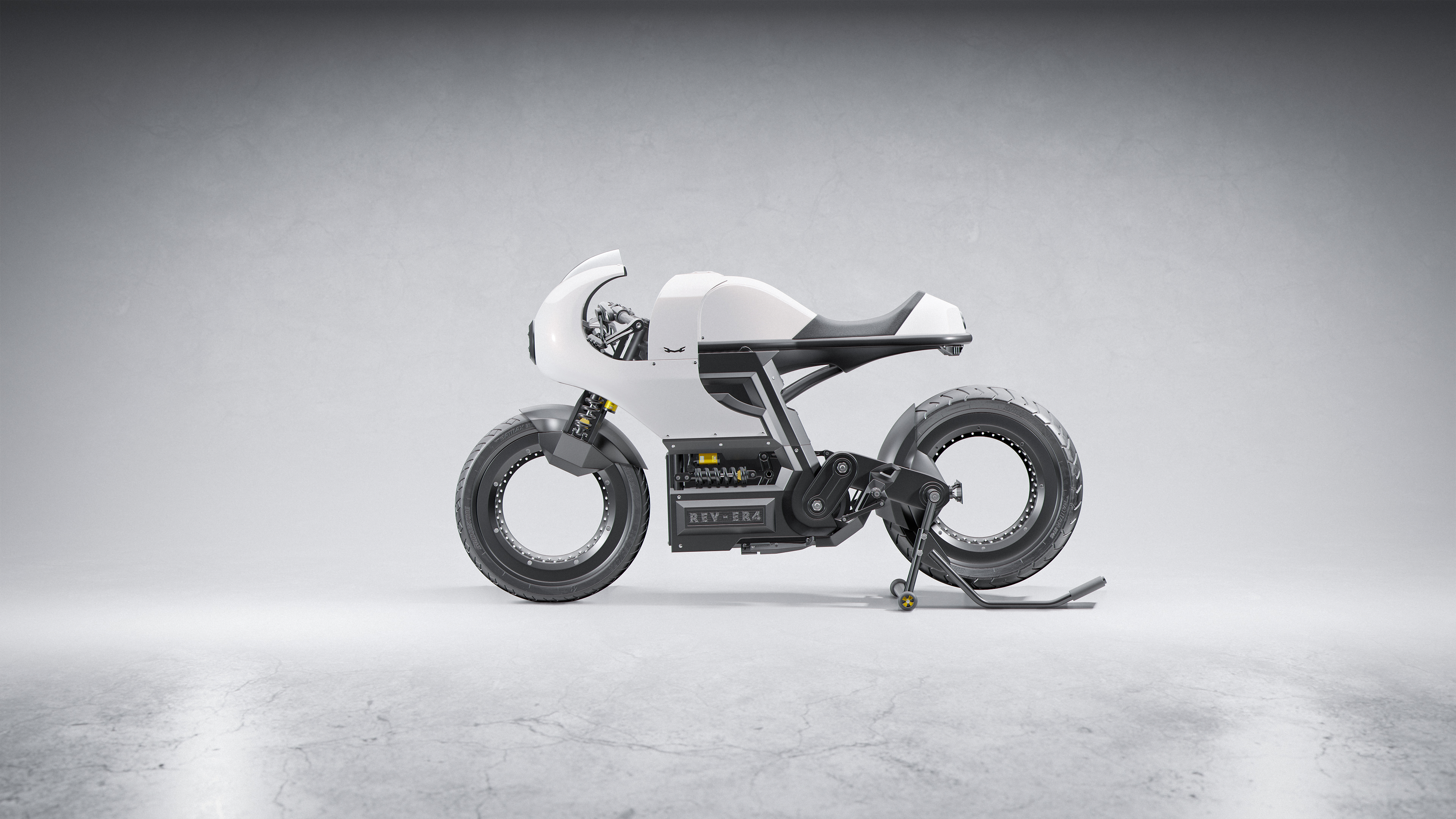 General 3840x2160 Cafe Racer motorcycle concept cars futuristic Shafeek Akil Cybartian REVer4 Speed Design retro style photography CGI simple background digital art side view minimalism vehicle