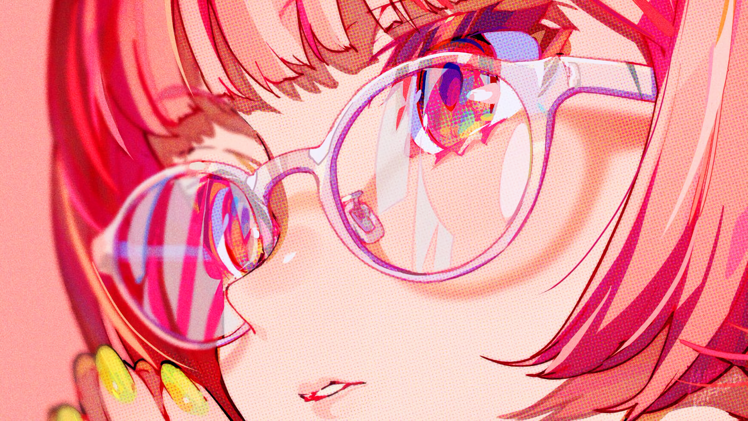 Anime 2400x1352 glasses short hair yellow nails fingers reflection face anime girls closeup bangs looking away painted nails parted lips women with glasses