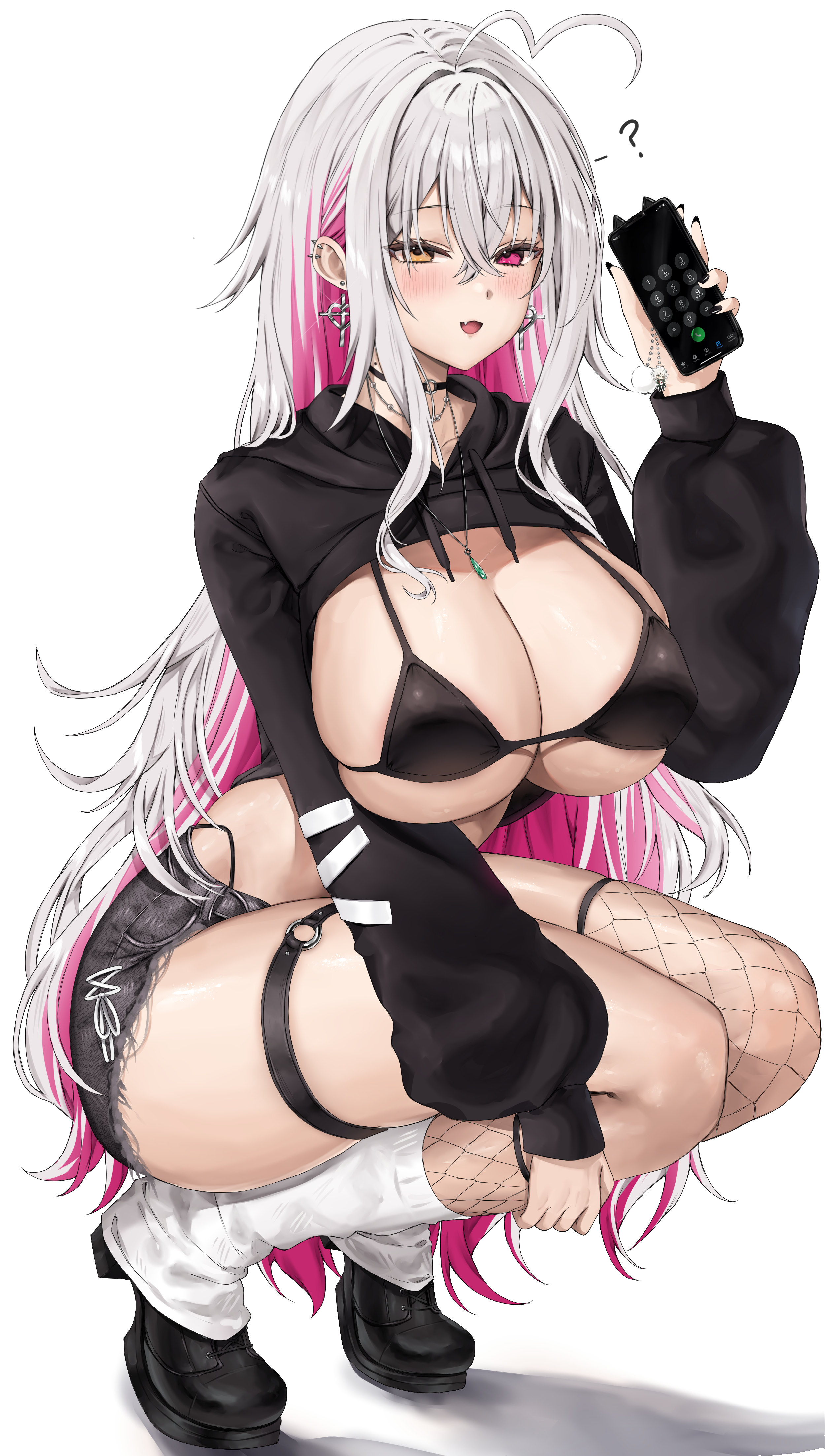 Anime 2500x4412 Vitaminechan anime girls huge breasts squatting portrait display long hair two tone hair phone looking at viewer ahoge simple background thighs white background fishnet minimalism white socks socks bent legs shoes open mouth necklace cleavage choker moles earring ear piercing question mark leg garter shorts heterochromia blushing jewelry