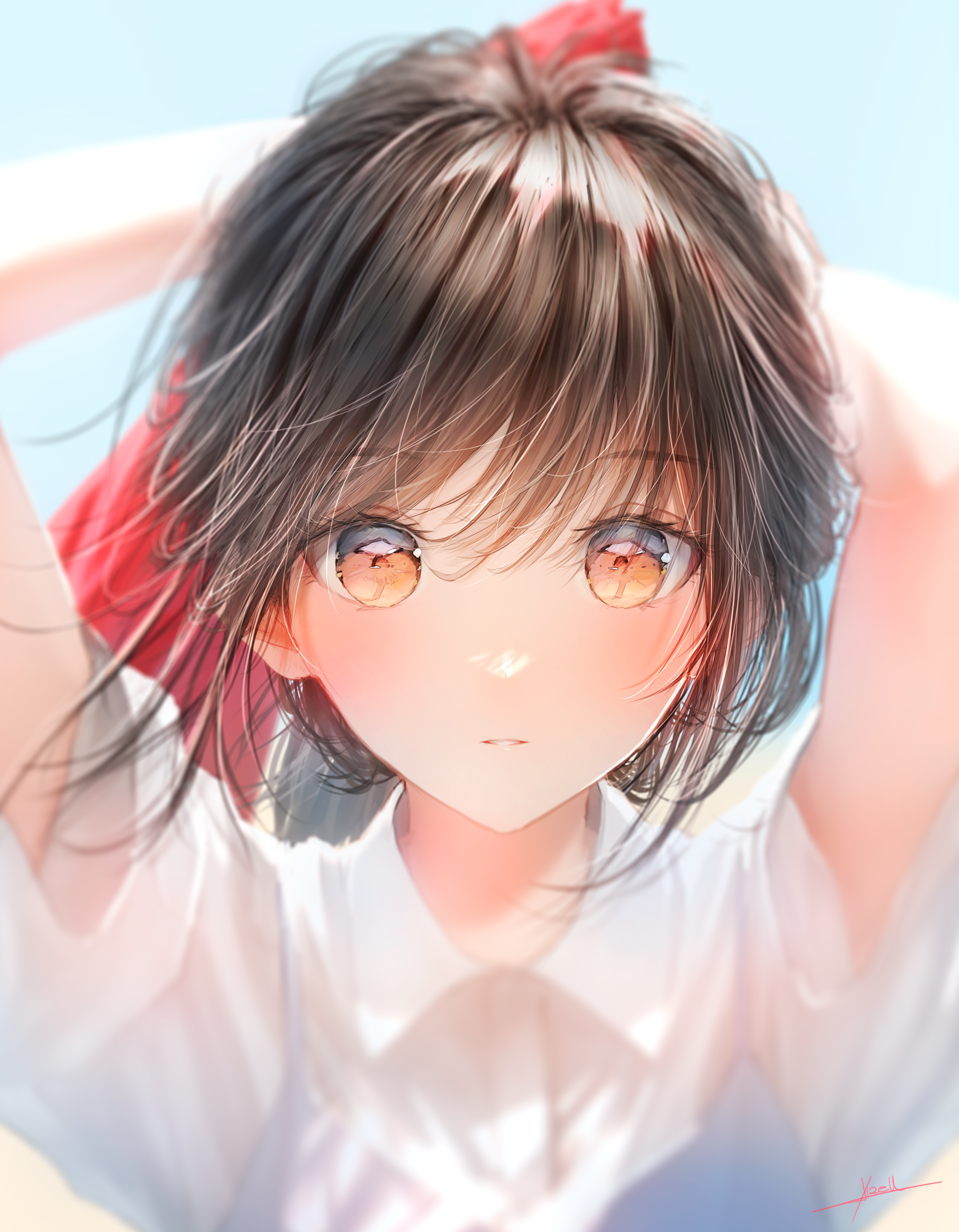 Anime 1950x2504 anime anime girls Ojay Tkym portrait display looking at viewer blushing brunette parted lips brown eyes minimalism simple background face signature short hair