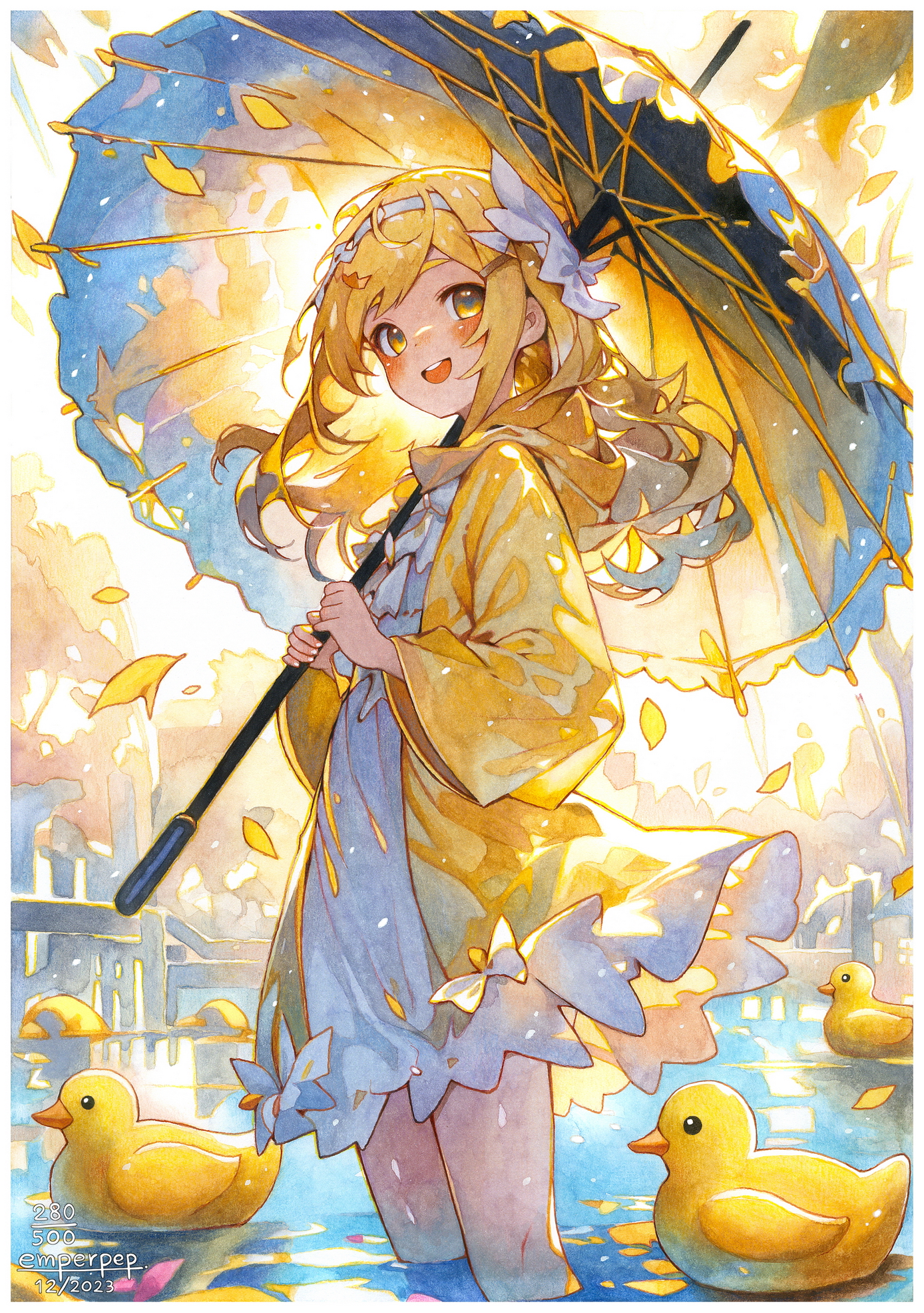 Anime 1388x1972 anime girls white dress looking at viewer blonde umbrella yellow jacket water standing in water yellow eyes open mouth hair ornament petals Emperpep gradient hair long hair women outdoors hairband watermarked smiling dress duck