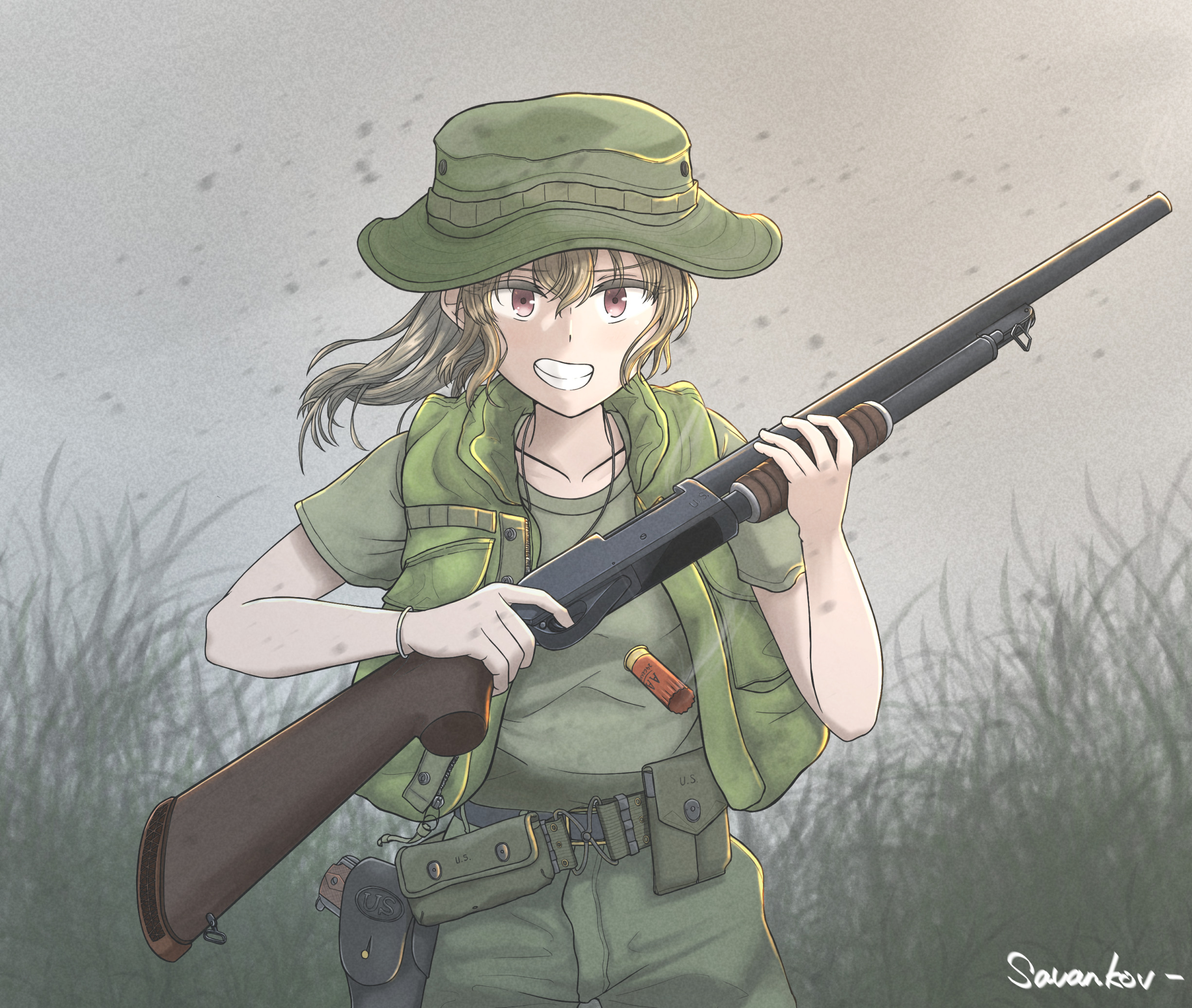 Anime 2451x2073 anime anime girls hair between eyes weapon looking at viewer standing girls with guns leaves short sleeves smiling ammunition shotgun anime girls with guns gun collarbone short hair brunette brown eyes teeth vest belt signature savankov hat women with hats military uniform smoke open clothes boonie hat dog tag