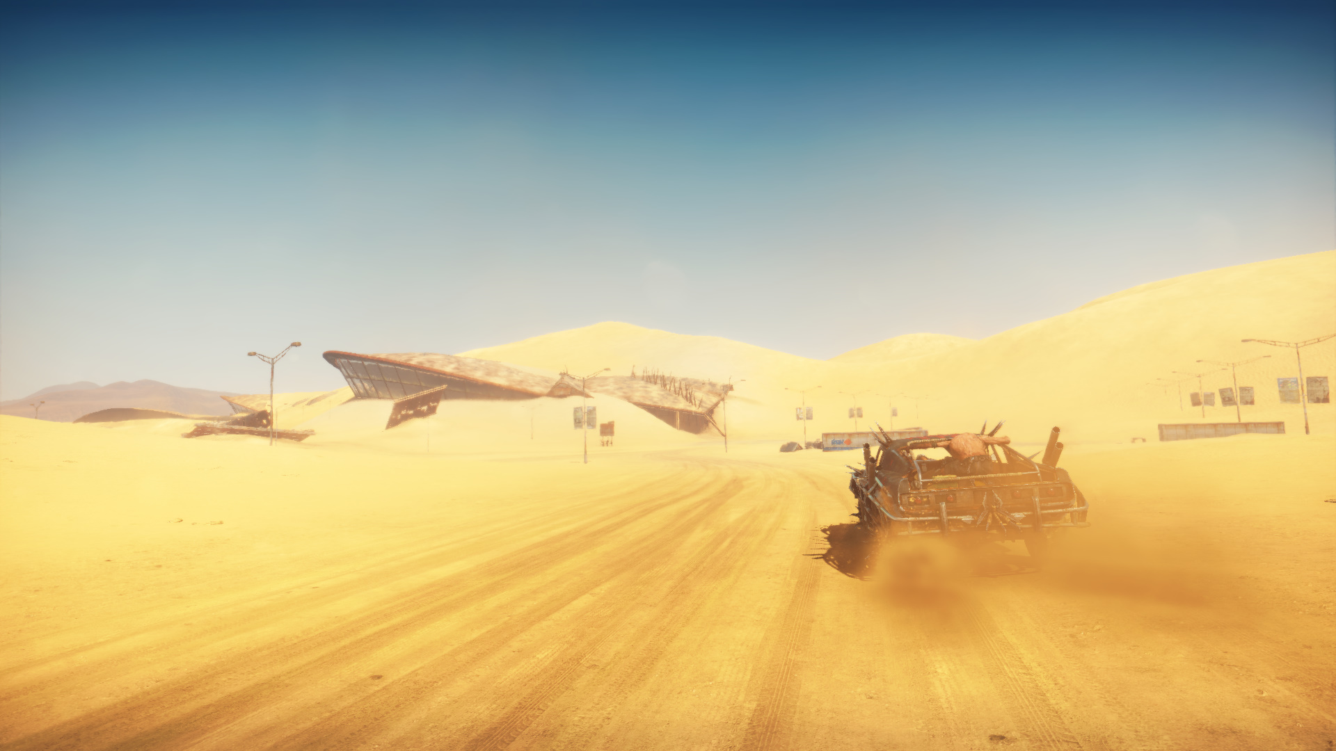 General 1920x1080 Mad Max (game) PC gaming screen shot video game art sunlight video game characters CGI video games clear sky road driving vehicle smoke sky car landscape rear view