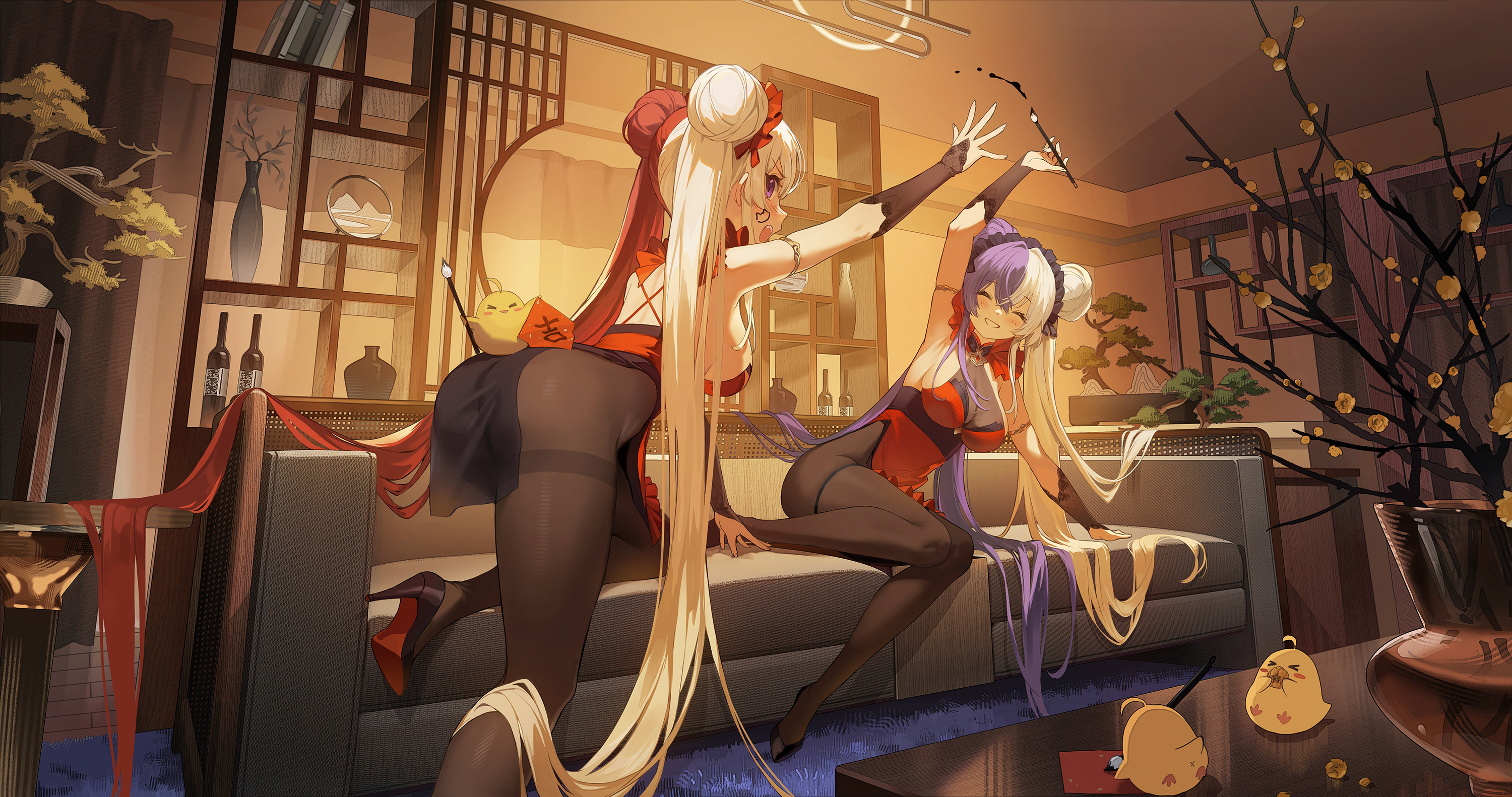 Anime 3000x1582 anime anime girls Azur Lane MaJiang Chao Ho (Azur Lane) Manjuu (Azur Lane) Ying Swei (Azur Lane) indoors women indoors hair between eyes blushing two tone hair twin buns long hair bent over big boobs pantyhose black pantyhose couch table shelves ass arms reaching bent legs looking at viewer vases looking back paint brushes open mouth closed eyes shoe sole high heels twintails