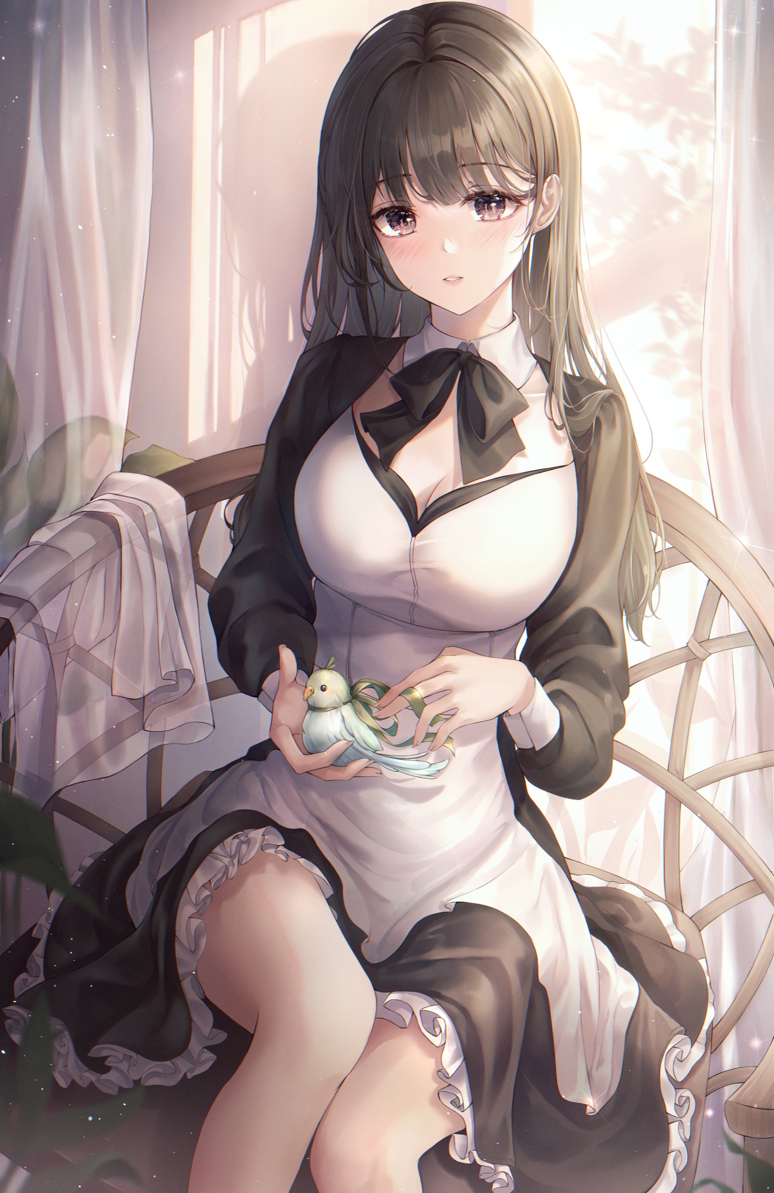 Anime 2660x4096 maid maid outfit portrait display Pippin Sol looking at viewer long hair sitting parted lips blushing leaves frills sunlight legs indoors women indoors anime girls animals birds plants wood by the window curtains dark hair cleavage