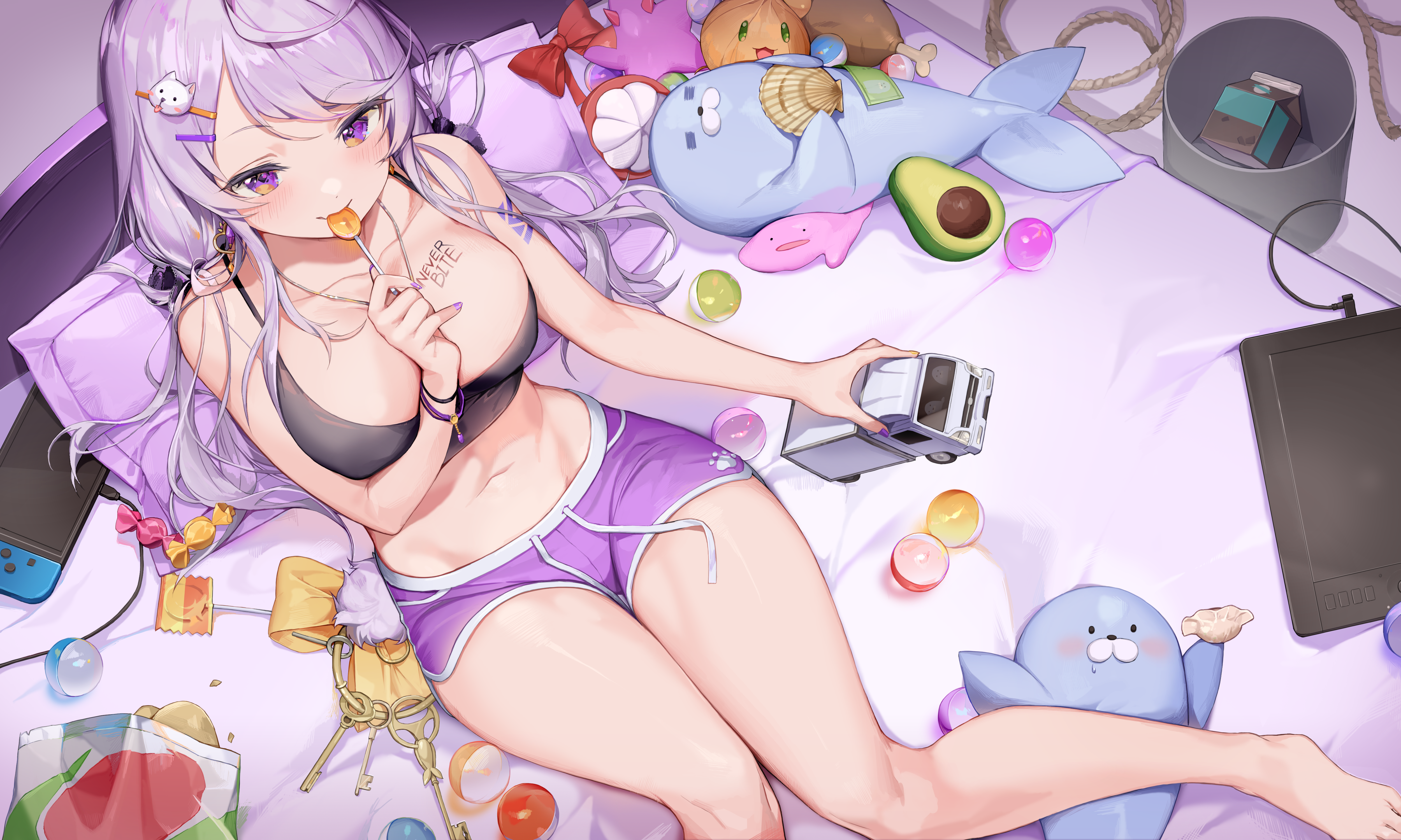 Anime 5000x3000 anime anime girls cleavage dolphin shorts original characters Chyo Nintendo Switch consoles indoors women indoors avocados looking at viewer hair ornament camisole collarbone big boobs purple hair purple eyes in bed bed lollipop lying down stuffed animal toys multi-colored eyes keys condom pillow long hair legs belly bedroom messy bright