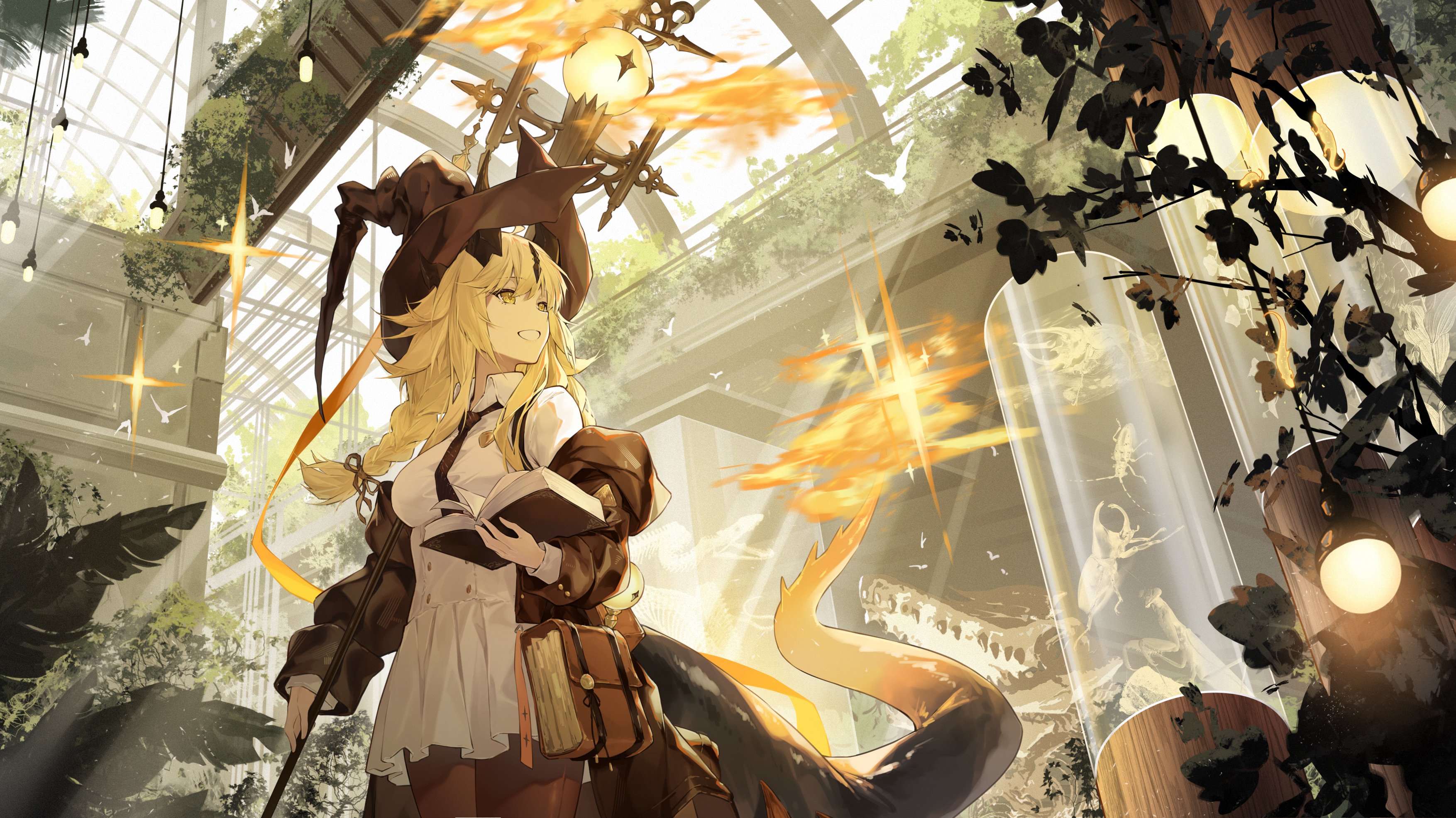 Anime 3508x1970 anime anime girls Arknights Reed (Arknights) Reed The Flame Shadow (Arknights) XiTongYuXi looking away book in hand books standing off shoulder greenhouse leaves blonde yellow eyes witch hat sunlight hair bows plants lights tie braids twintails Praying Mantis beetles insect