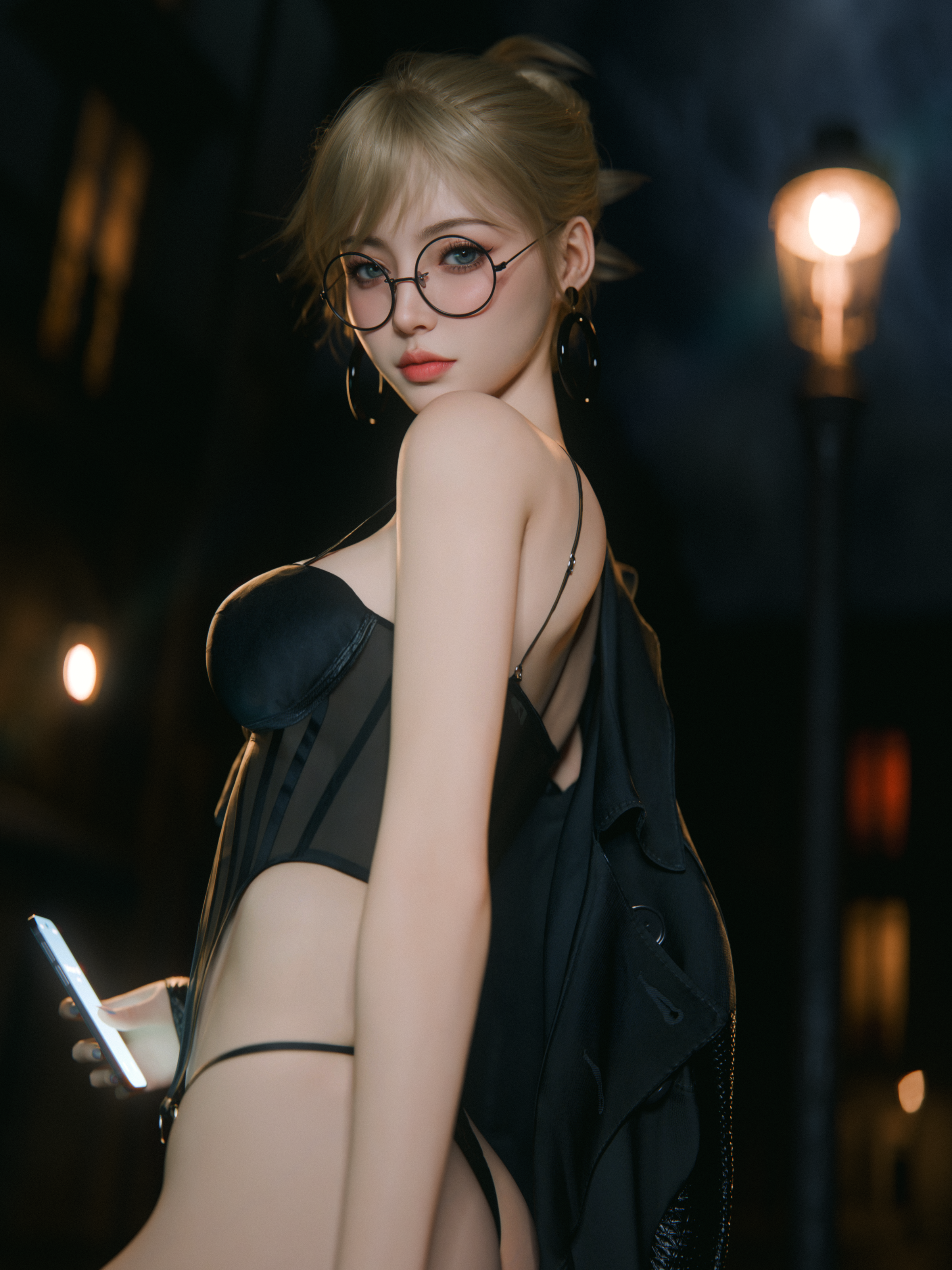 General 2400x3200 Shoe Lac3 digital art artwork women blonde underwear blurry background earring looking at viewer night glasses women with glasses smartphone holding phone portrait display phone closed mouth depth of field standing hoop earrings ass painted nails