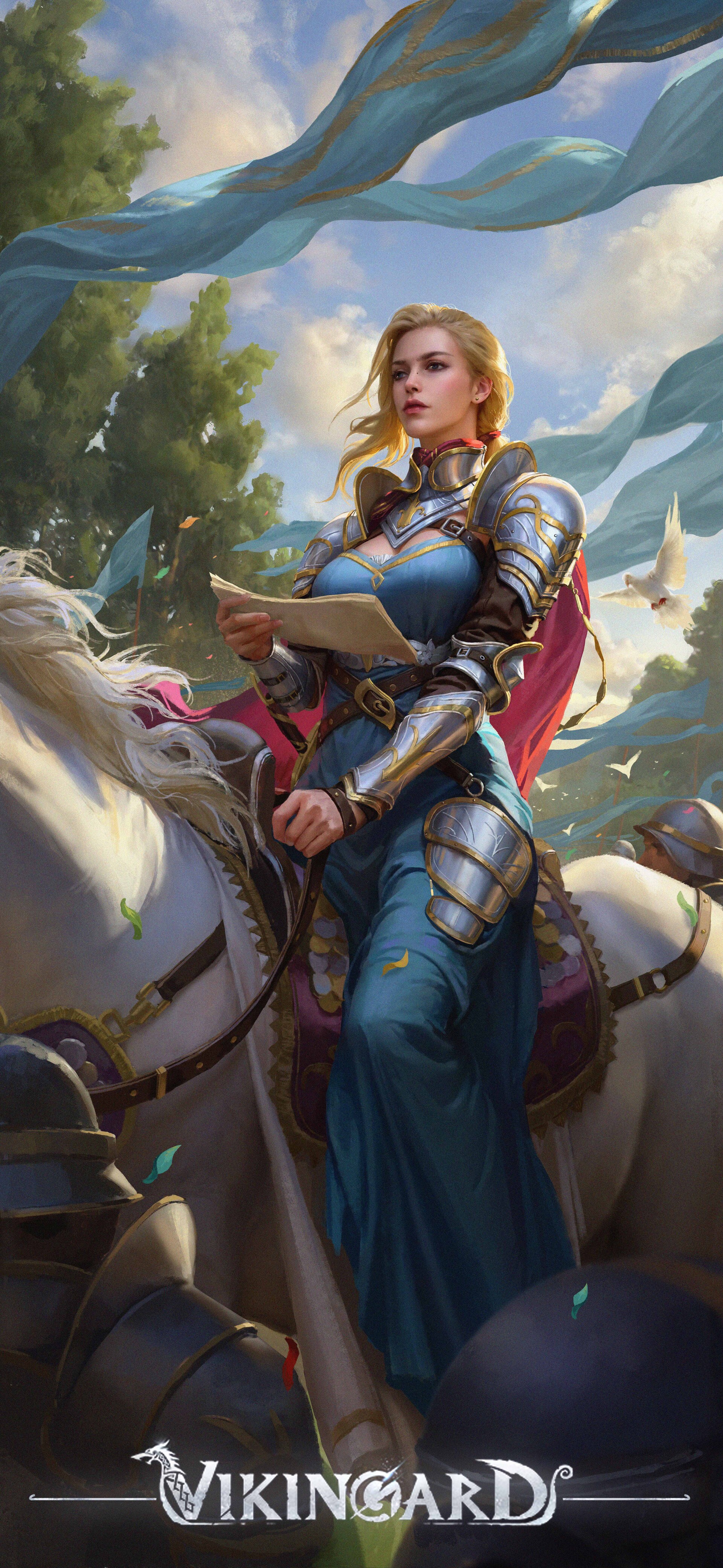 General 1920x4160 Ayao Yao drawing women horse riding knight blonde portrait display digital art female warrior armor looking away sunlight parted lips short hair horseback animals birds clouds sky blue eyes earring trees flag cape