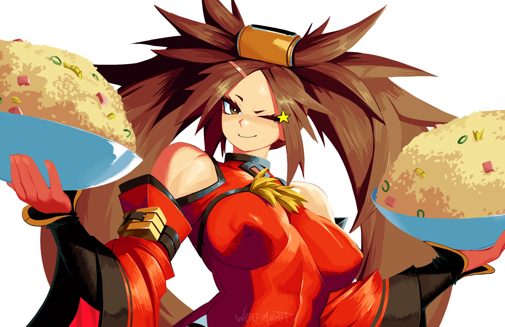 Anime 2048x1324 Kuradoberi Jam Guilty Gear anime girls food anime games werfmight smiling one eye closed long hair brunette closed mouth bowls simple background brown eyes big boobs white background wink hair ornament signature bare shoulders rice red clothing gloves