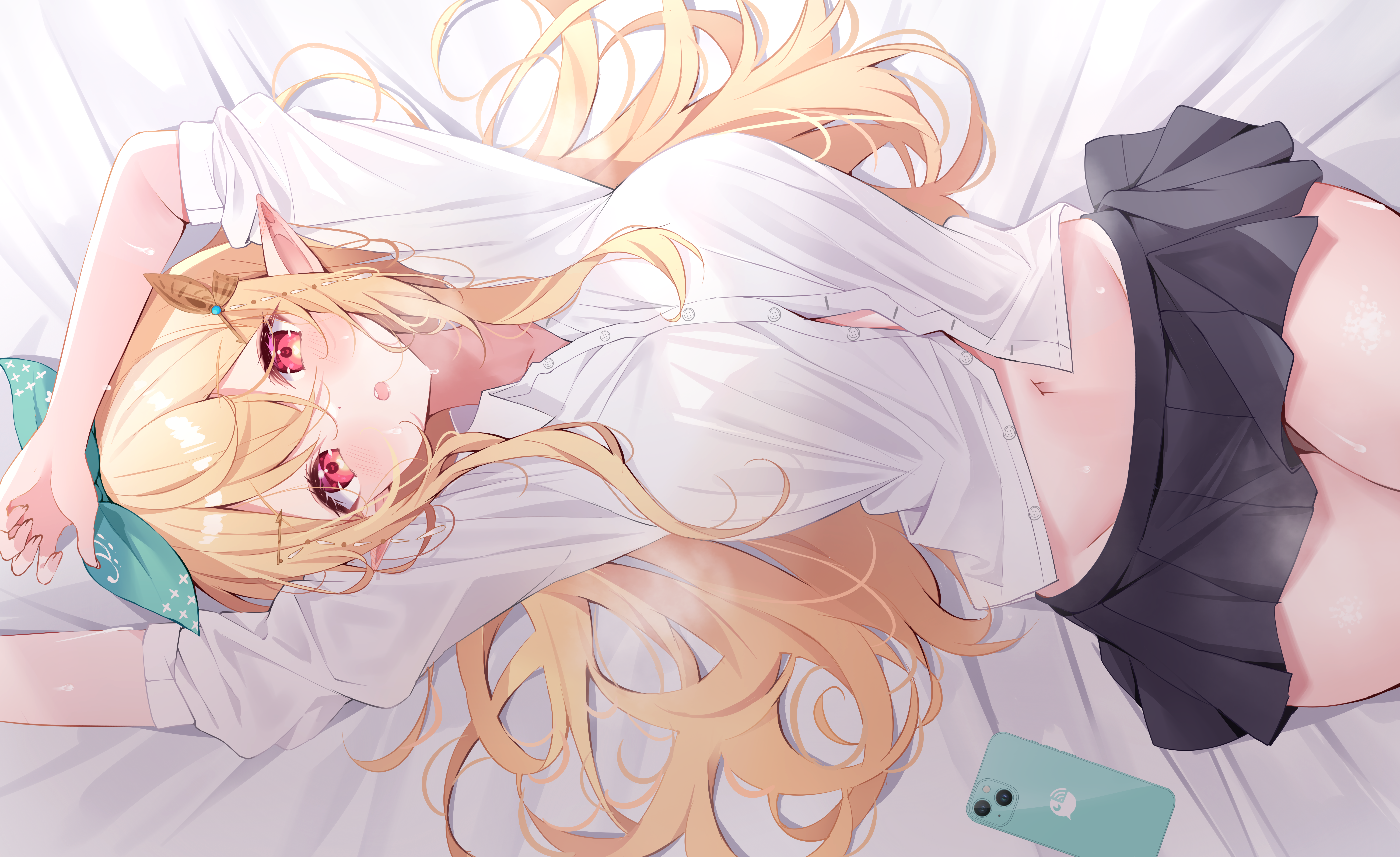 Anime 8000x4896 anime anime girls blushing bed long hair big boobs red eyes Pomu Rainpuff Deyui looking at viewer lying down lying on back pointy ears open mouth rolled sleeves phone belly button Nijisanji schoolgirl school uniform thighs together skinny hair ribbon blonde collarbone Virtual Youtuber