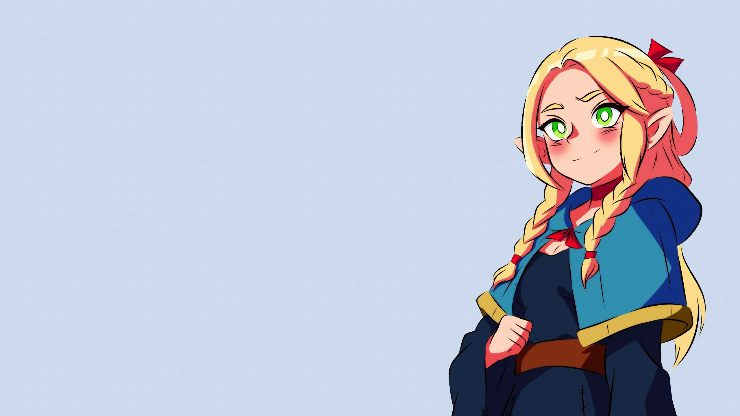 Anime 2560x1440 anime girls Marcille Donato cape green eyes blonde ribbon red ribbon braids robes hoods blushing bangs smiling wizard magician pointy ears elves elven Delicious in Dungeon cleavage long hair looking at viewer