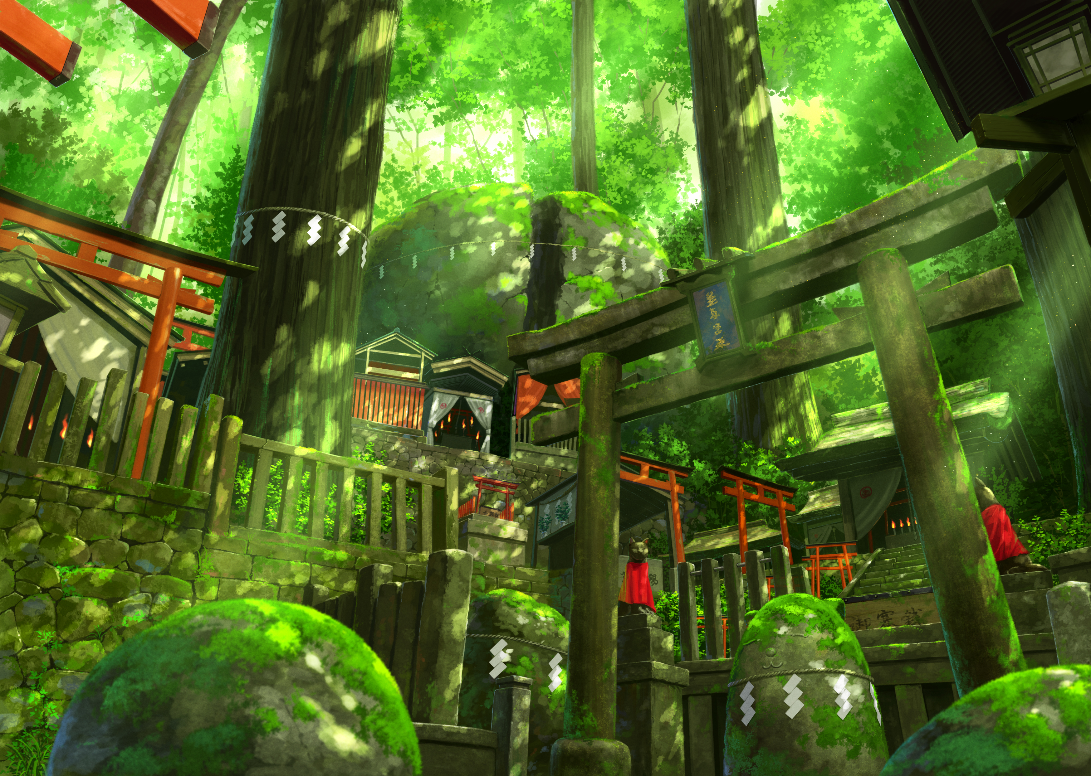 General 3496x2488 nature forest temple torii trees moss sun rays