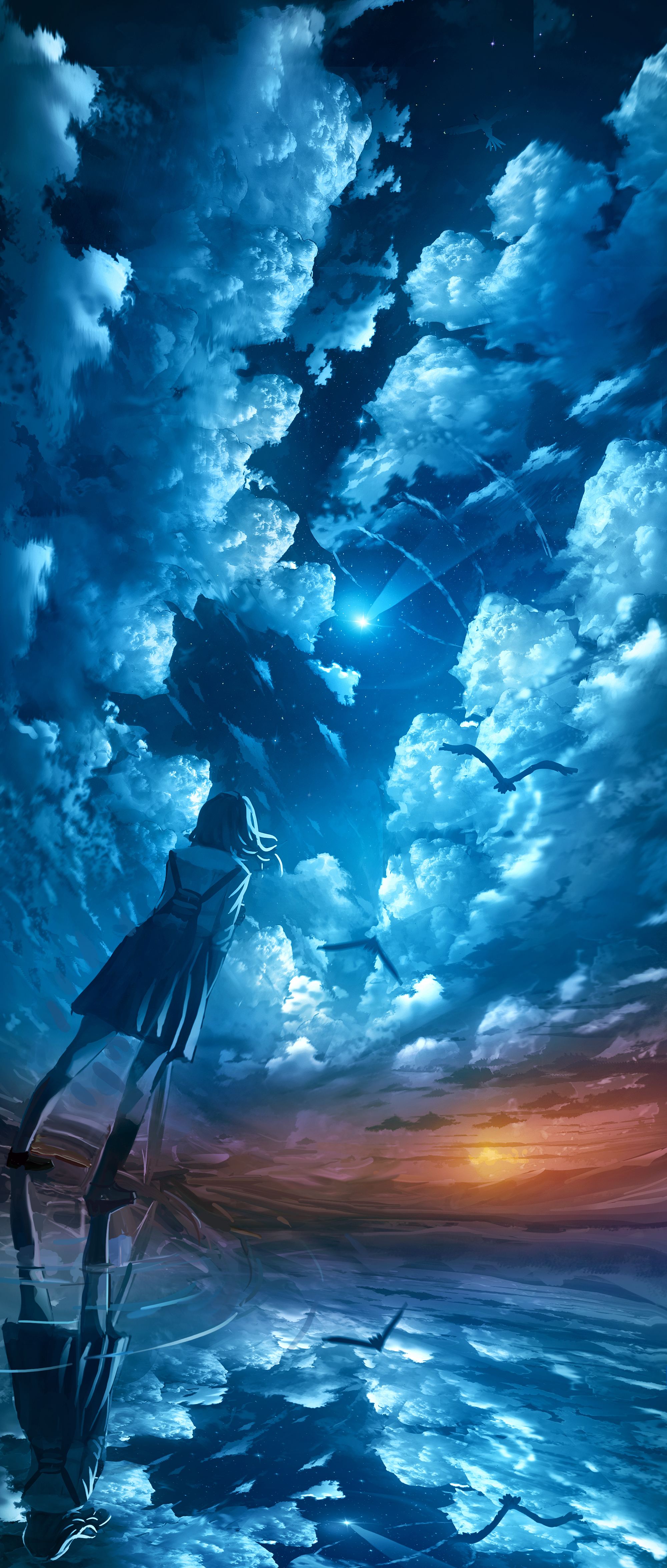 Anime 2000x4700 original characters birds sky clouds water portrait display reflection low-angle shooting stars starred sky starry night cumulus rear view Kenzo 093 ripples standing mountains skirt knee-highs night evening women outdoors sunset anime girls short hair hair blowing in the wind looking into the distance