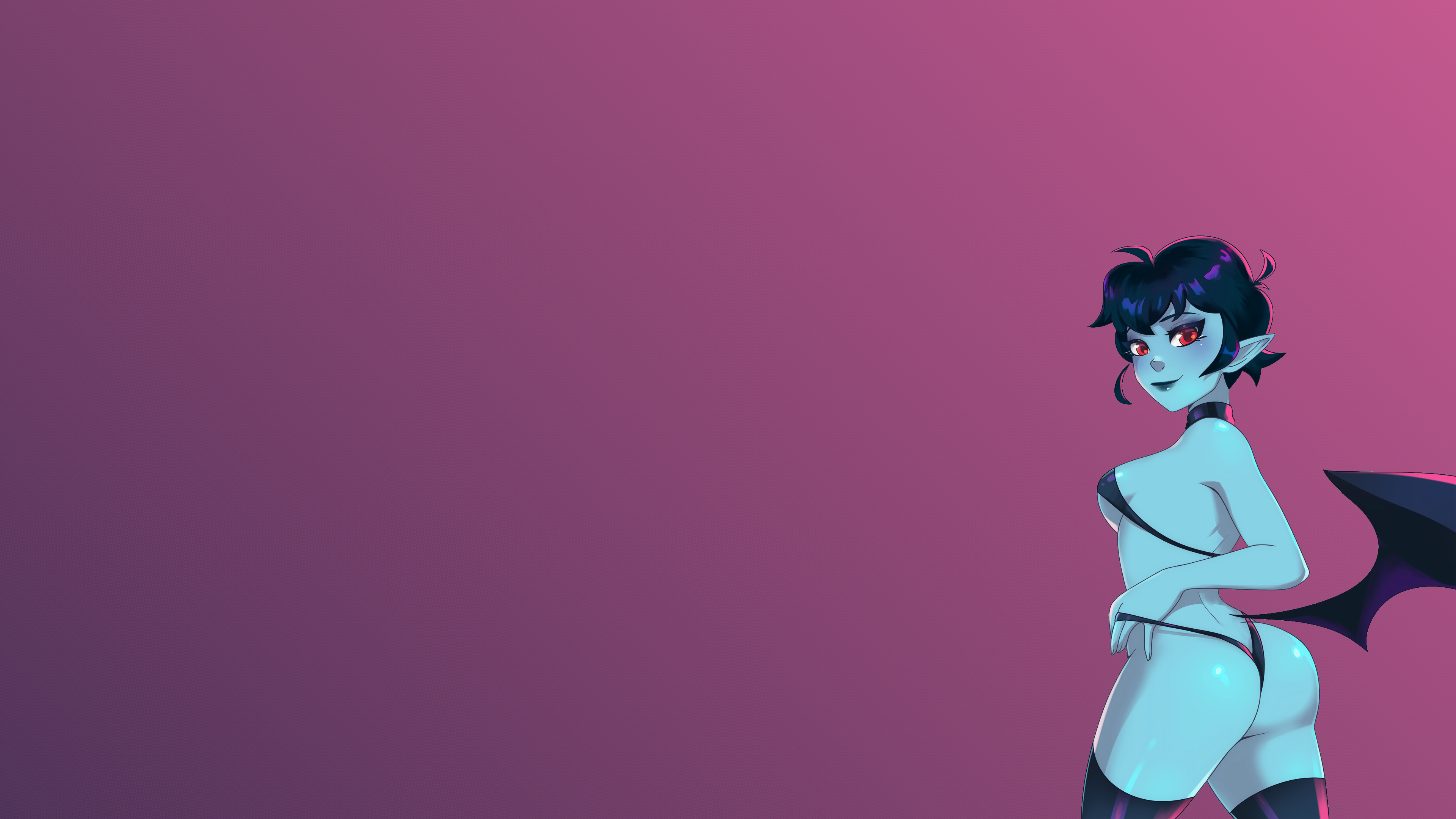 Anime 3840x2160 gradient simple background purple background blue hair blue skin wings purple eyes short hair lingerie blue lingerie blue panties blue bra bra bra straps thong blue thong thighs thigh-highs removing panties undressing changing clothes blushing pointy ears sideboob underboob choker blue lipstick ass skindentation red eyes wide hips hips large hips looking back looking at viewer gluteal fold