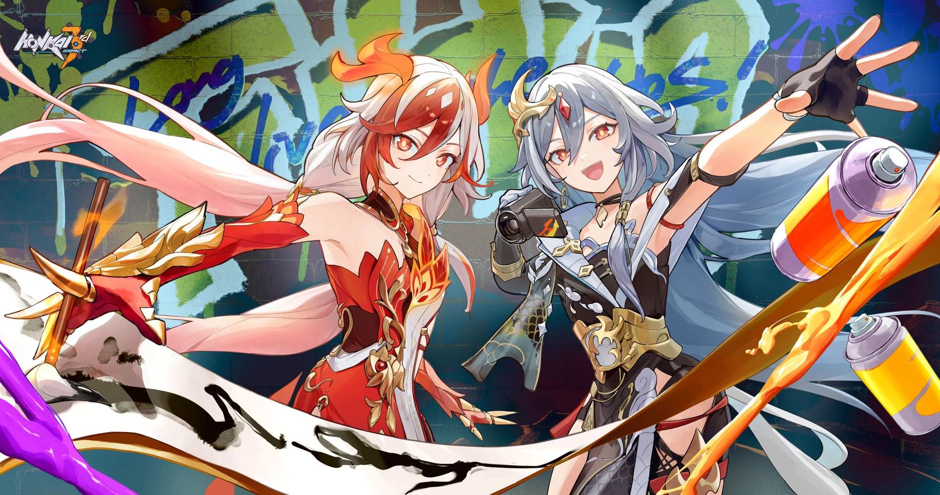 Anime 1896x1000 Honkai Impact Honkai Impact 3rd anime girls illustration Fu Hua (Honkai Impact 3rd) video game characters CGI video game art long hair video game girls smiling video games gloves fingerless gloves paint paint can open mouth two tone hair title looking at viewer standing hair between eyes scrolls