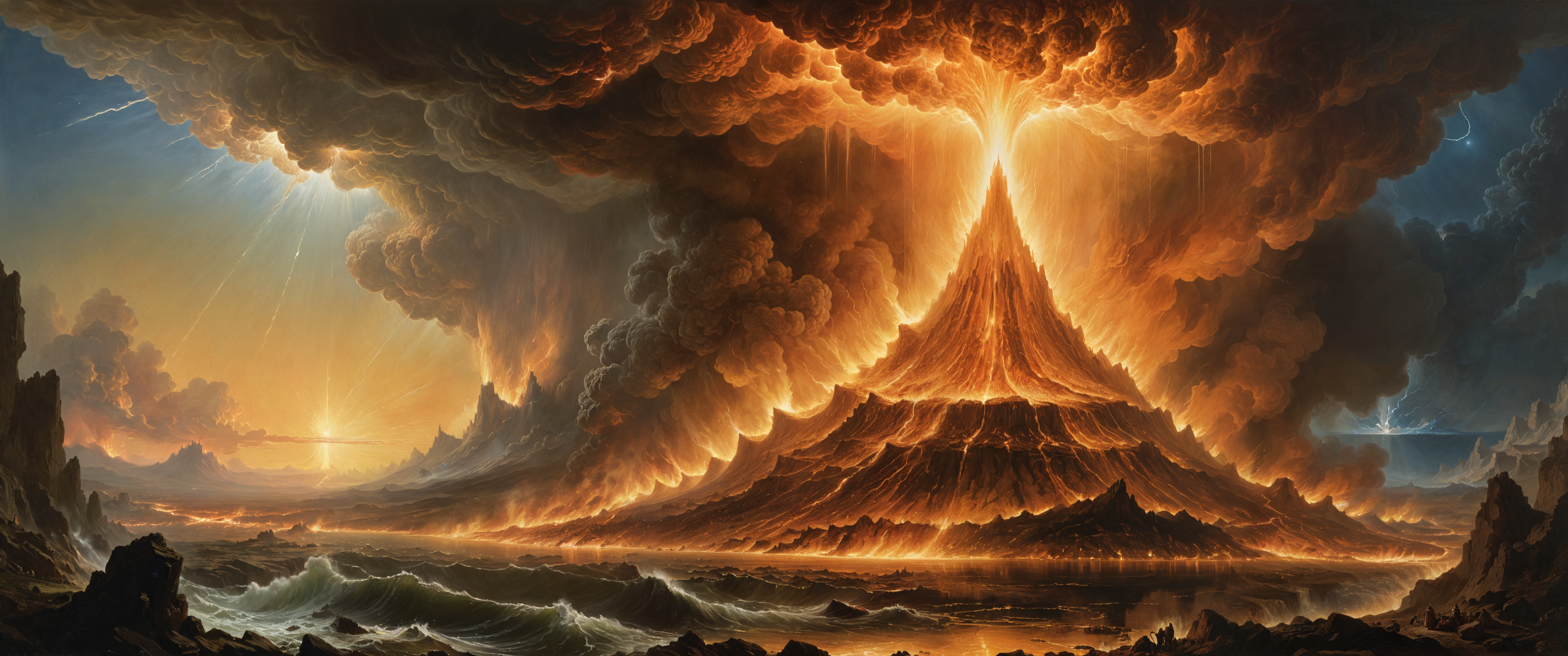 General 3440x1440 AI art ultrawide fire volcano eruption sky smoke sunlight water waves