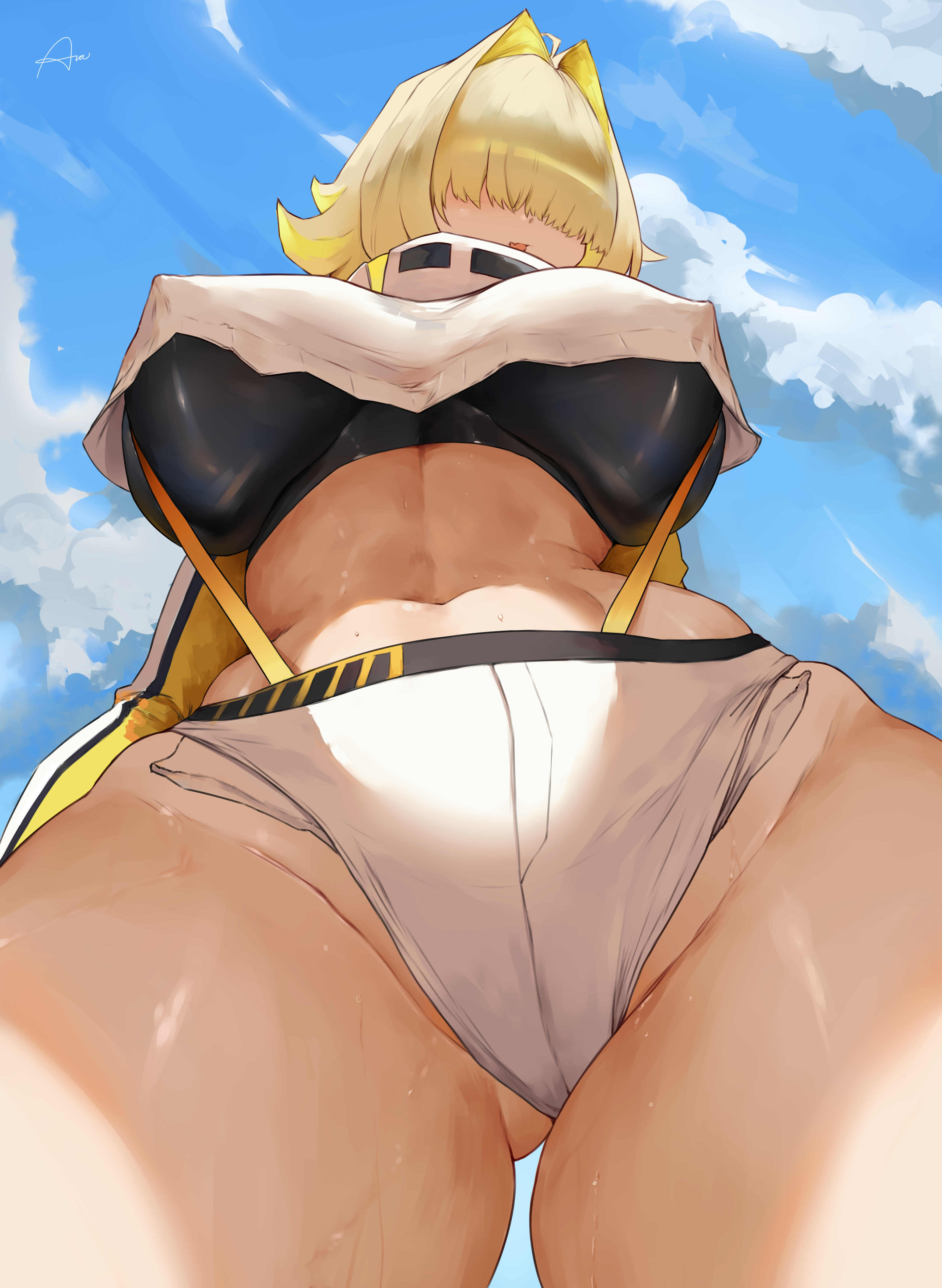 Anime 3500x4785 Nikke: The Goddess of Victory Elegg (Nikke) video games anime anime girls 2D artwork fan art Araneesama thighs drawing portrait display video game girls bangs hair over eyes clouds low-angle big boobs blonde open mouth signature standing belly suspenders sky closeup ahoge