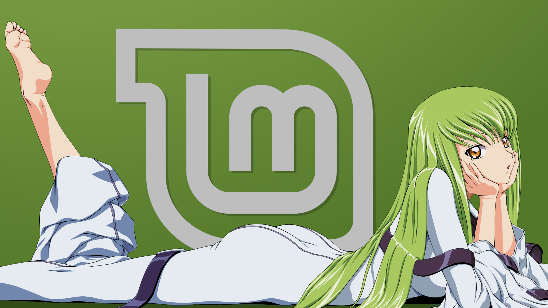 Anime 1920x1080 Linux Mint green hair lying down Code Geass C.C. (Code Geass) barefoot looking at viewer long hair green background Linux simple background ass lying on front anime girls resting head parted lips pointed toes foot sole