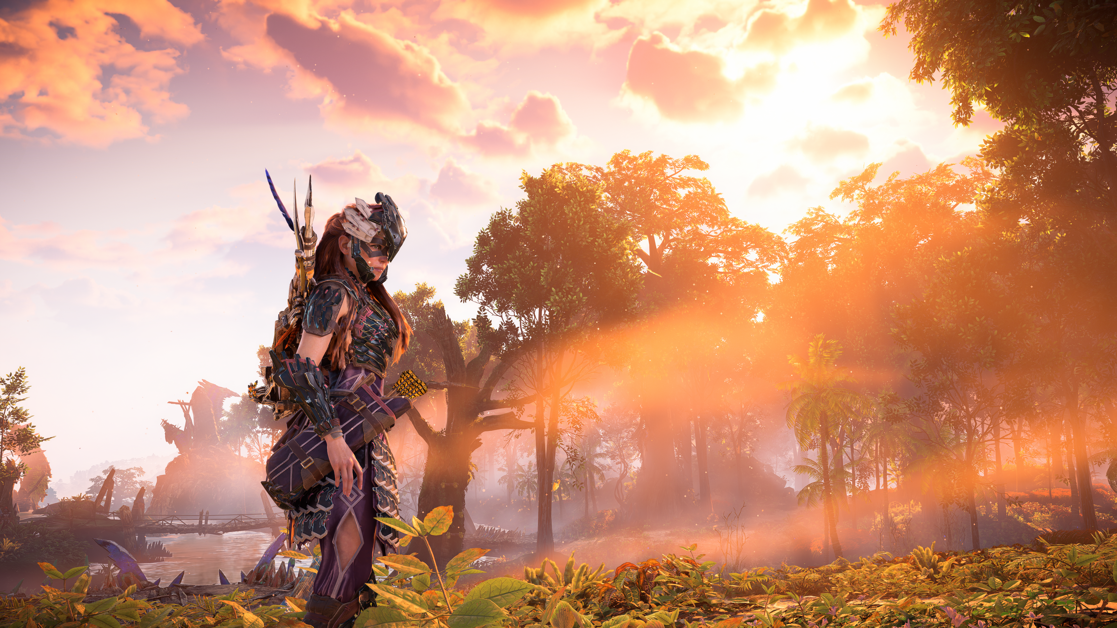 General 3840x2160 Horizon Forbidden West PC gaming digital art video game art standing video game characters CGI video games sunlight sky clouds Aloy trees video game girls