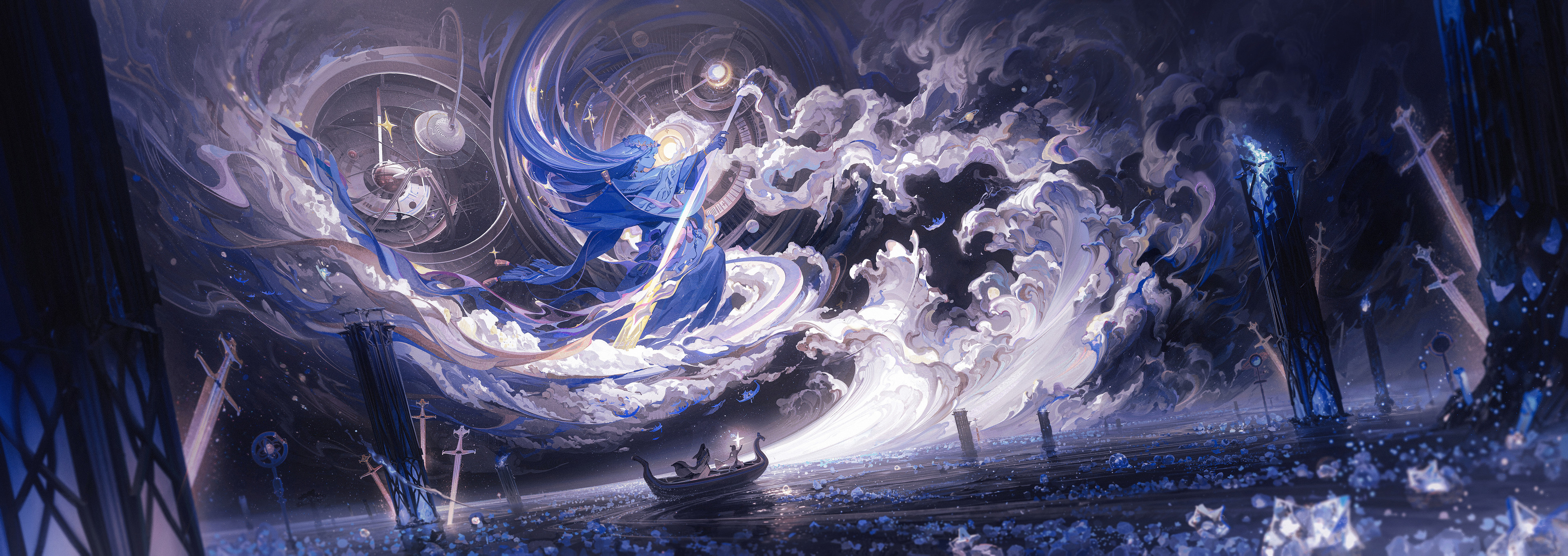 Anime 3840x1361 Ying Yi sky night night sky oar dress chinese clothing boat clouds sea stars silhouette gears crystal  long hair anime girls closed eyes weapon sailing water
