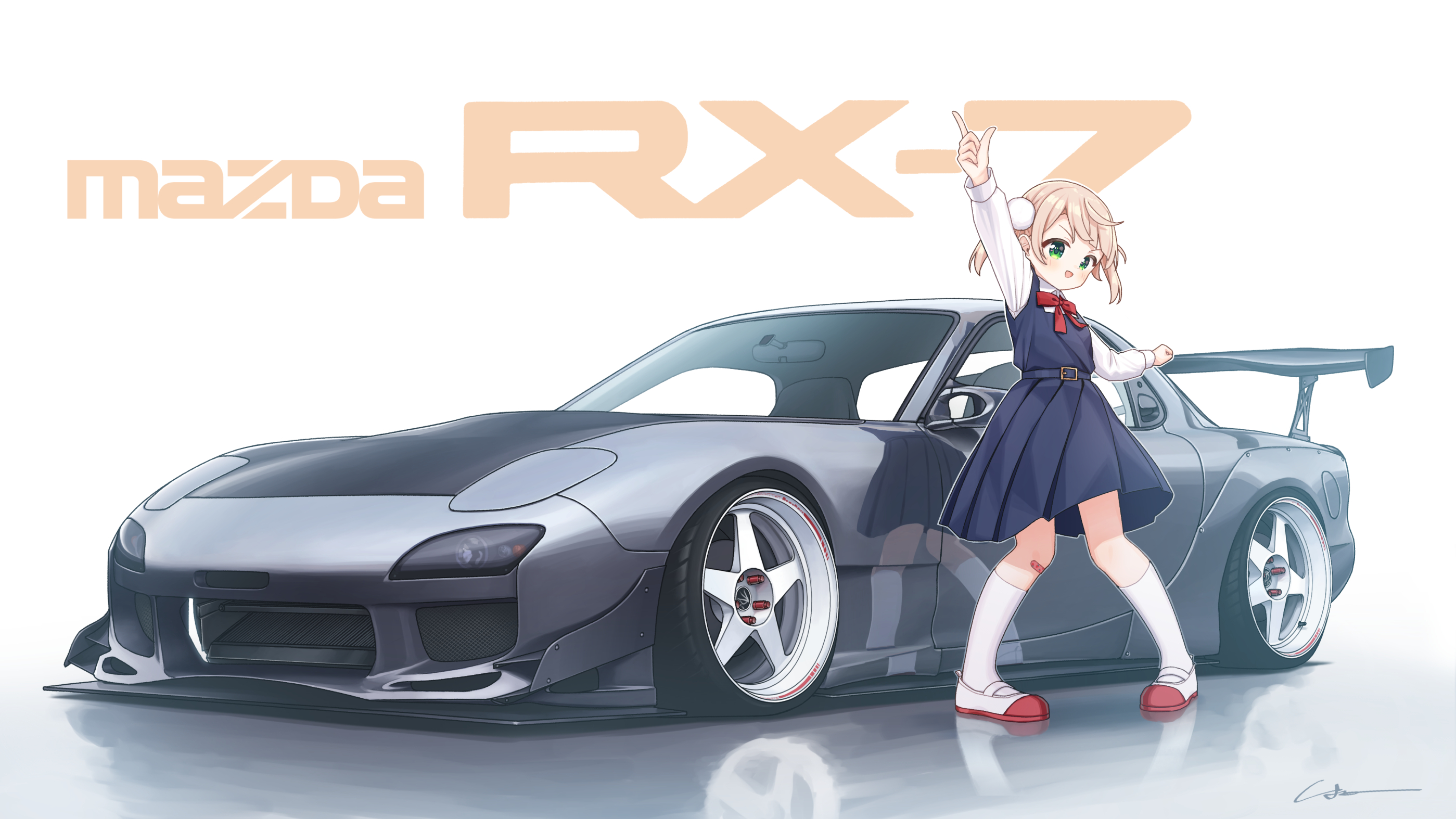 Anime 2798x1574 car Mazda RX-7 blonde school uniform modified green eyes signature knee-highs short hair bow tie reflection Shigure Ui Mazda anime girls frontal view schoolgirl simple background skirt white background blushing looking at viewer standing indie virtual youtuber