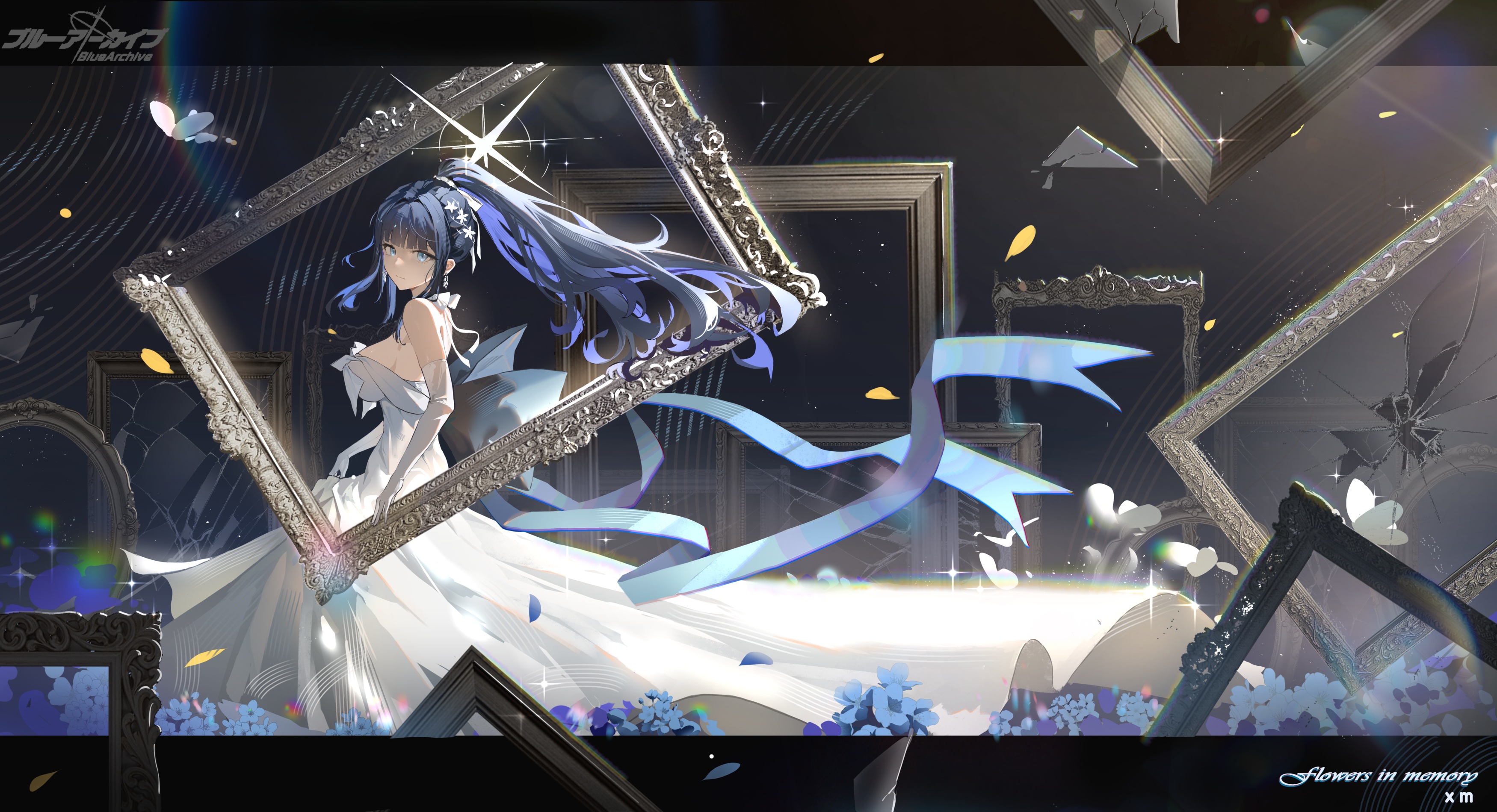 Anime 3500x1900 Pixiv anime anime games anime girls Blue Archive Saori Joumae looking at viewer long hair picture frames standing wedding dress white dress flowers blue ribbons ribbon closed mouth blue hair blue eyes elbow gloves gloves white clothing sparkles huge breasts sideboob ponytail hair ornament title