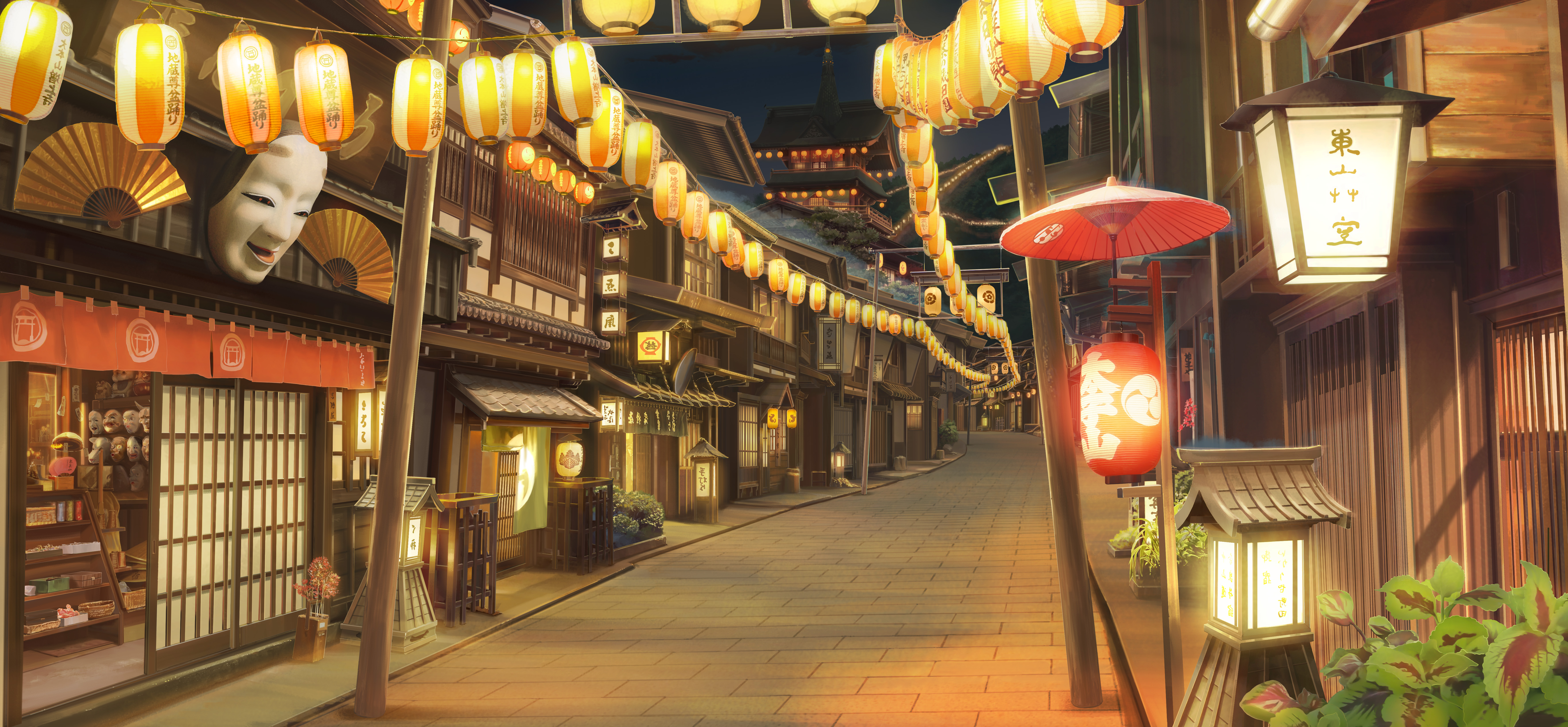 General 7083x3282 digital art artwork illustration environment Japan street architecture street light paper lantern lantern mask umbrella night