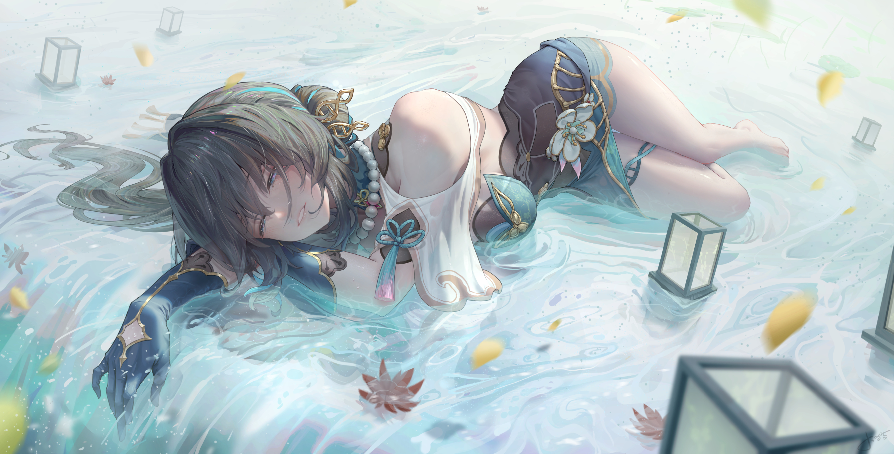 Anime 2911x1478 Ruan Mei (Honkai: Star Rail) Honkai: Star Rail Pixiv chinese clothing anime anime games anime girls Jay Xu bare shoulders tassels water petals parted lips long hair waterfall shallow water gloves pearl necklace necklace barefoot thighs flowers