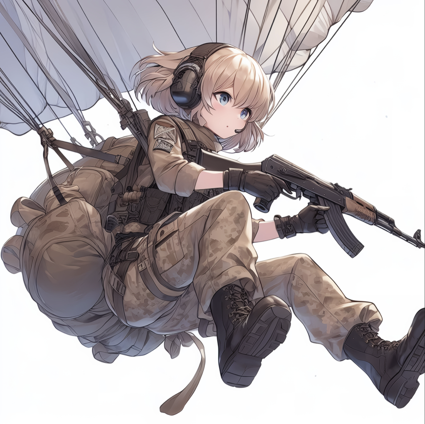 Anime 1452x1448 anime anime girls AI art digital art parachutes backpacks drag chute AK-47 girls with guns military headphones