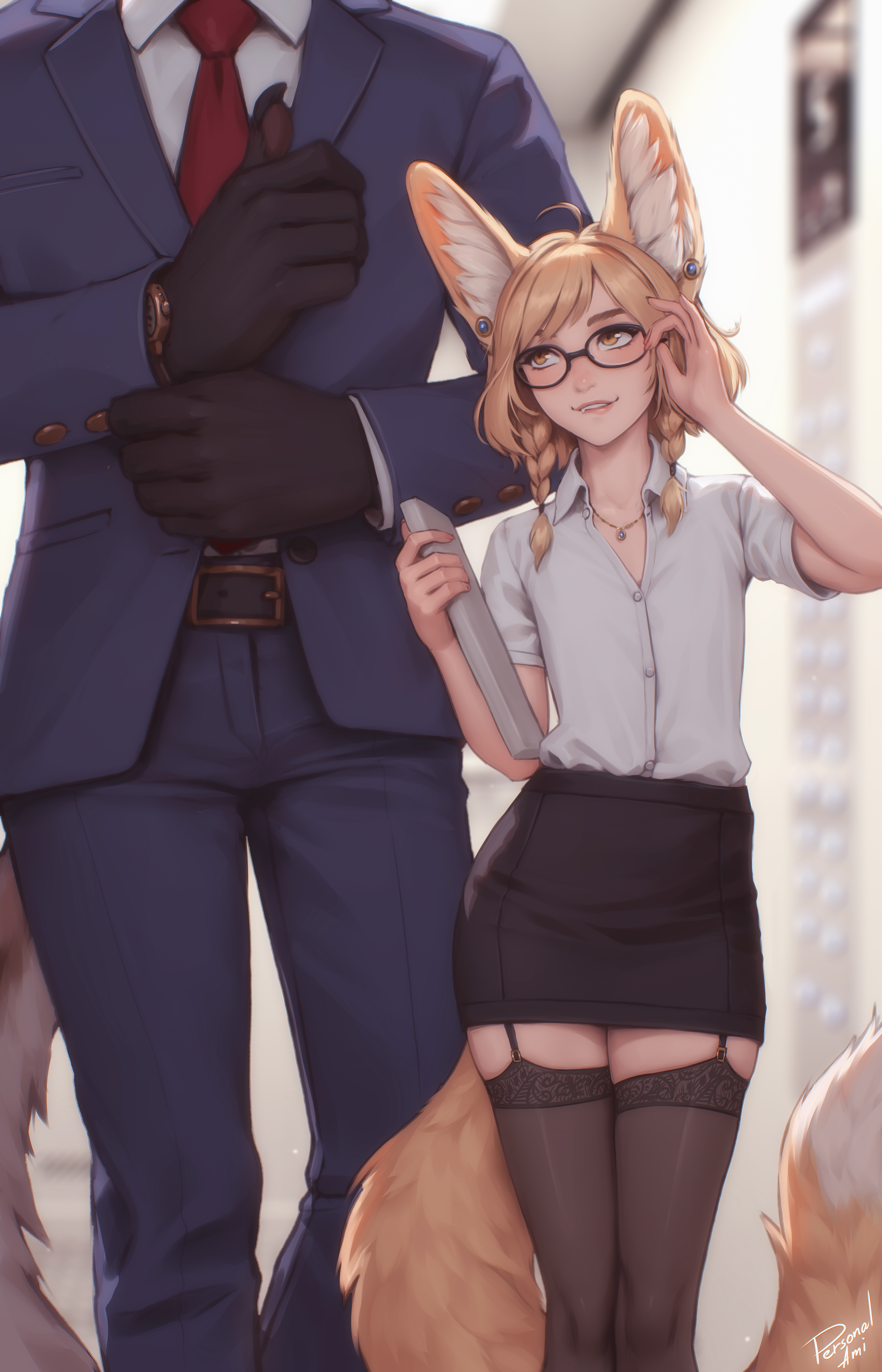 Anime 4500x7000 Khiara (OC) original characters artwork drawing fantasy girl animal ears office girl office Personal ami small boobs stockings portrait display glasses women with glasses wolf girls wolf ears wolf tail black stockings garter straps standing collared shirt skinny parted lips blushing black gloves gloves necklace long hair short sleeves thighs suit and tie