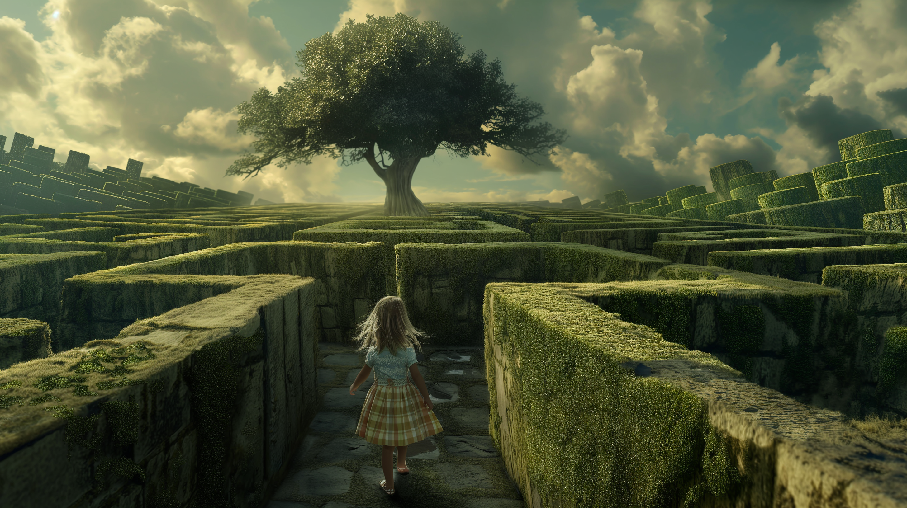 General 2912x1632 AI art women maze trees clouds green dress children sky stone wall sunlight walking