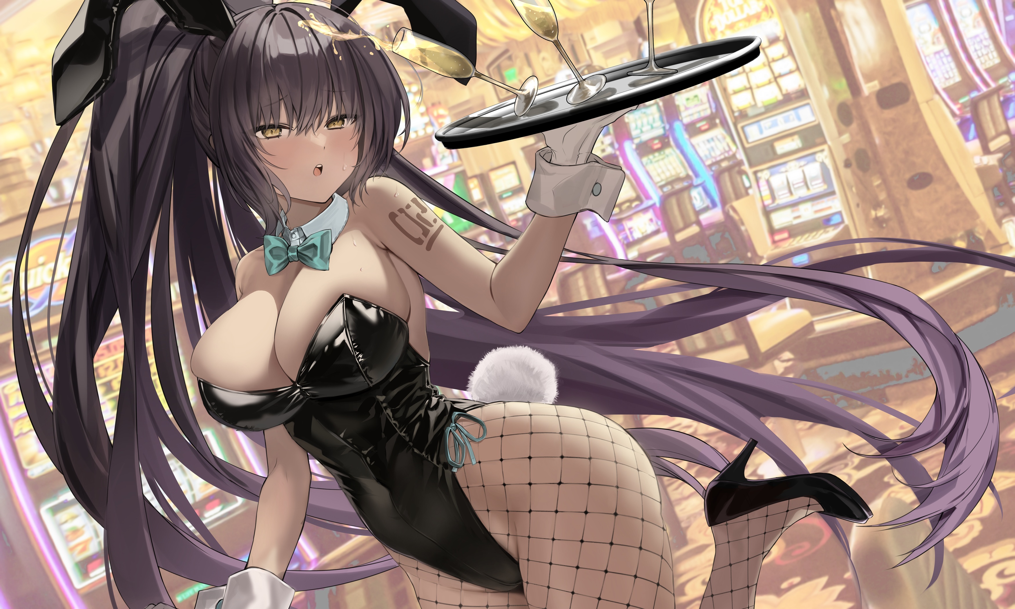 Anime 3500x2100 long hair yellow eyes boobs bunny ears bunny tail bow cleavage waitress leotard drink gloves black hair stockings tattoo Kakudate Karin Blue Archive fishnet dark skin bunny suit heels looking at viewer blushing bow tie anime girls casino drinking glass champagne