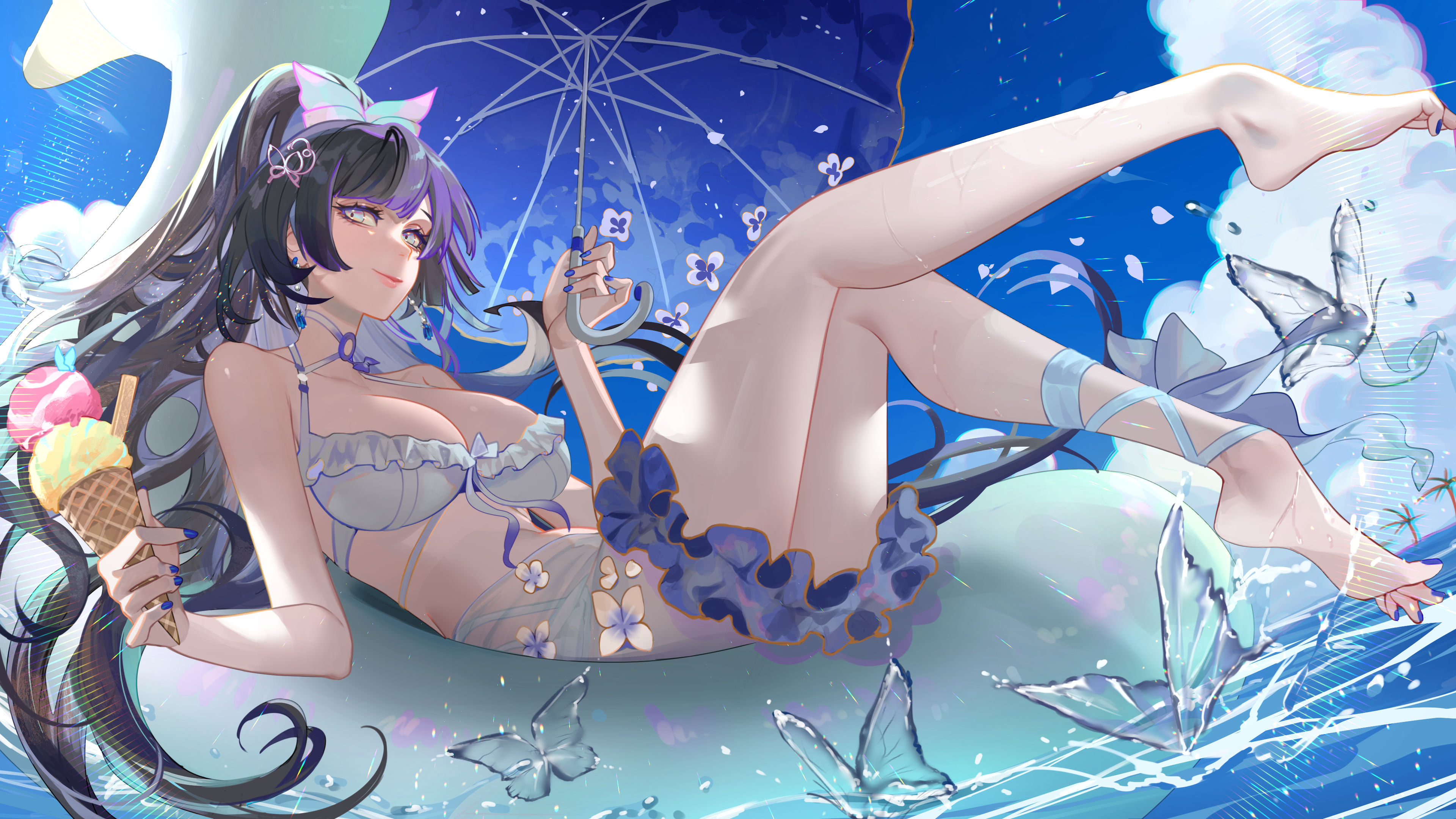 Anime 3840x2160 indie virtual youtuber sky looking at viewer bikini big boobs lying on back lying down foot sole long hair gray bikini umbrella two tone hair multi-colored hair water ponytail painted toenails women outdoors barefoot ice cream blunt bangs floater Virtual Youtuber grey swimsuit butterfly clouds water drops thighs cleavage Uyuyuun smiling toes hair ornament food sunlight feet Onmyoji