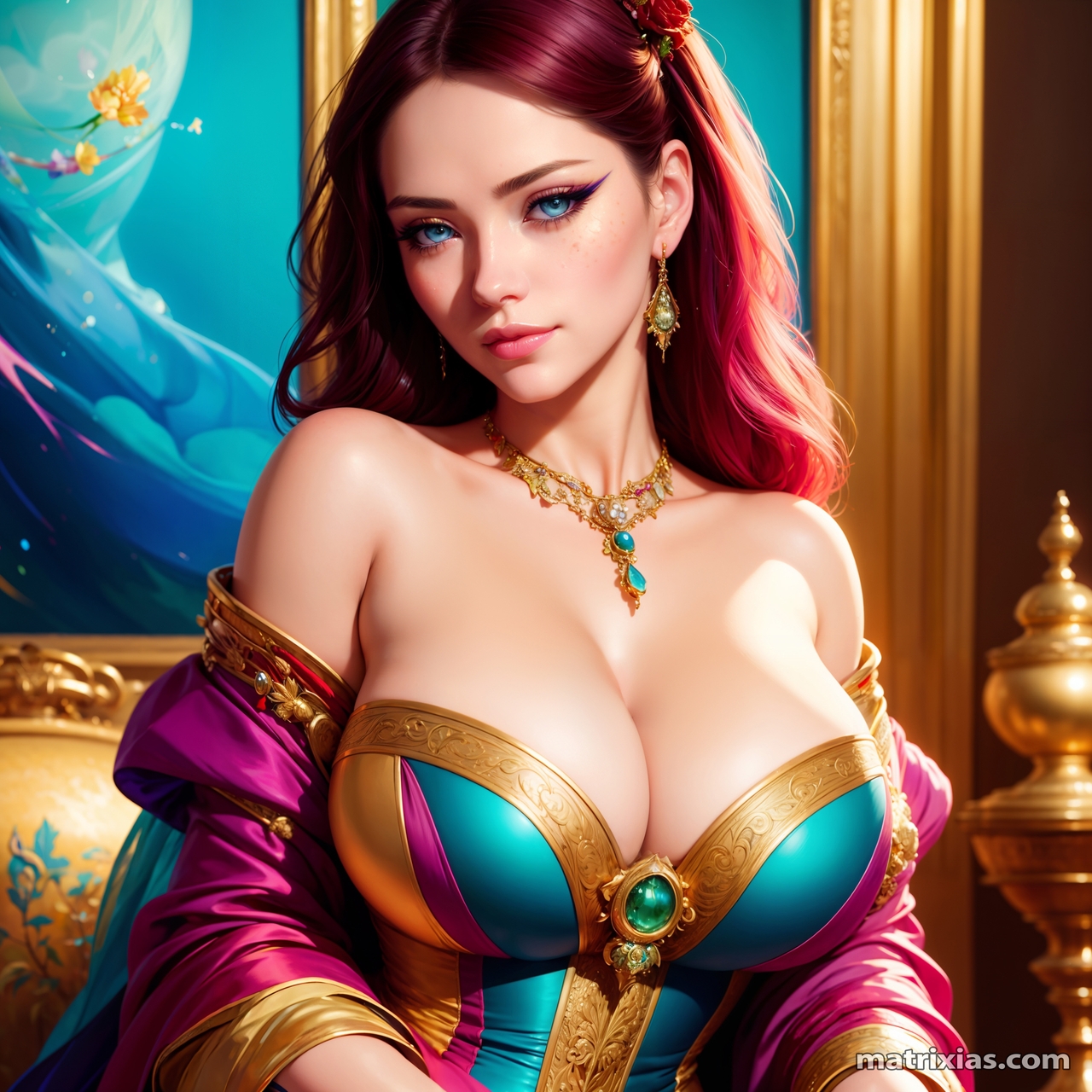 General 1280x1280 Matrixias AI art women redhead blue eyes dress colorful gold eyeliner necklace cleavage big boobs choker earring smiling looking at viewer digital art bare shoulders watermarked