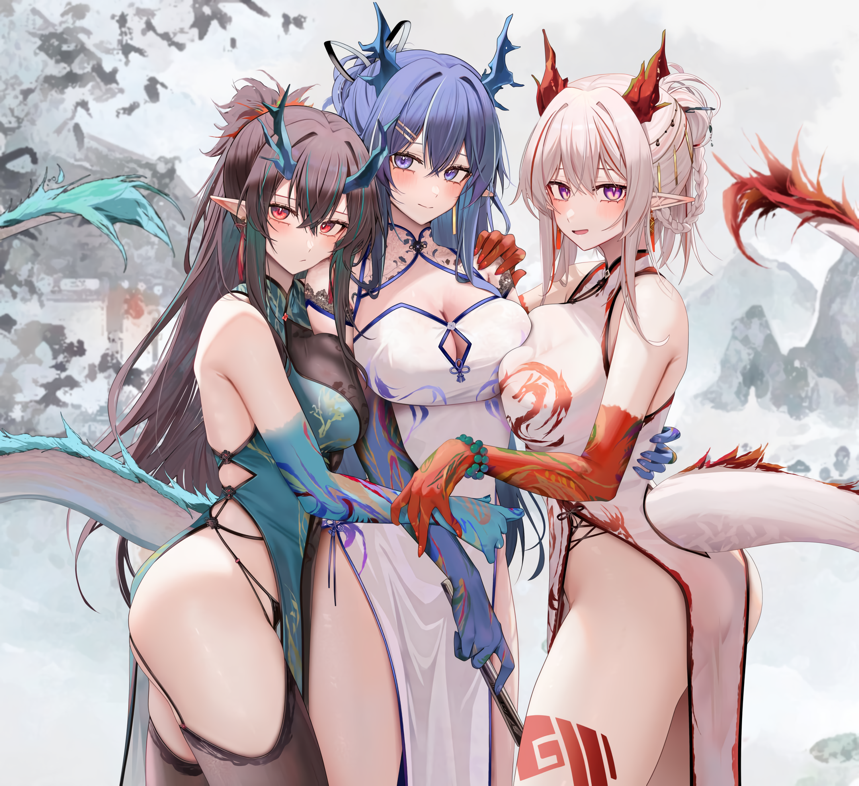 Anime 1756x1608 Arknights Ling (Arknights) Nian(Arknights) anime girls Dusk (Arknights) tail chinese dress boobs boobs on boobs long hair pointy ears blushing looking at viewer horns dragon girl dragon tail dragon horns ponytail two tone hair cleavage ass closed mouth standing bracelets red eyes purple eyes blue eyes thighs