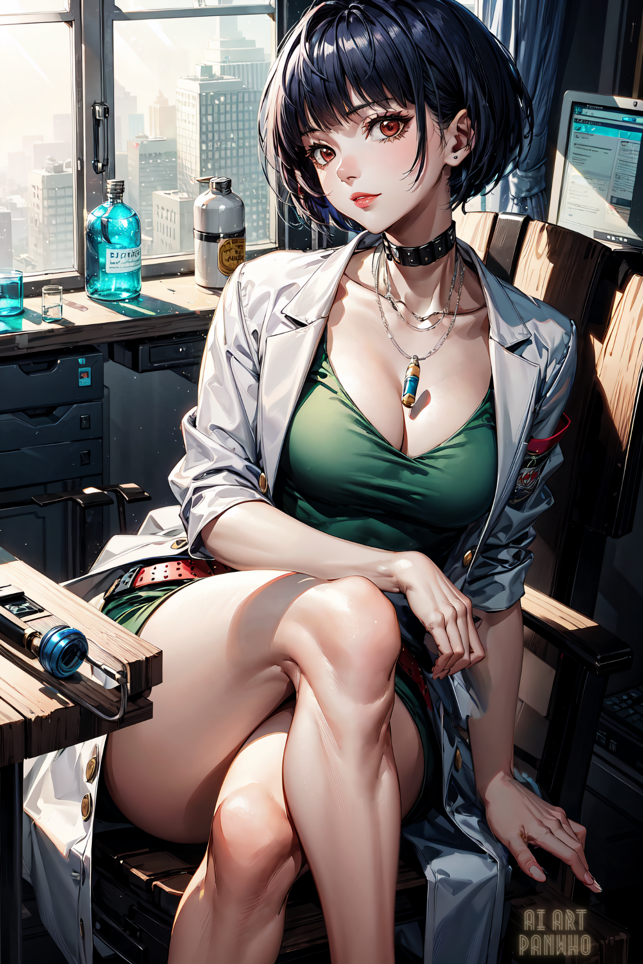 Anime 1280x1920 AI art panwho big boobs legs crossed Persona 5 Tae Takemi portrait display anime girls looking at viewer cleavage digital art choker necklace short hair parted lips window sunlight sitting video game characters video game girls