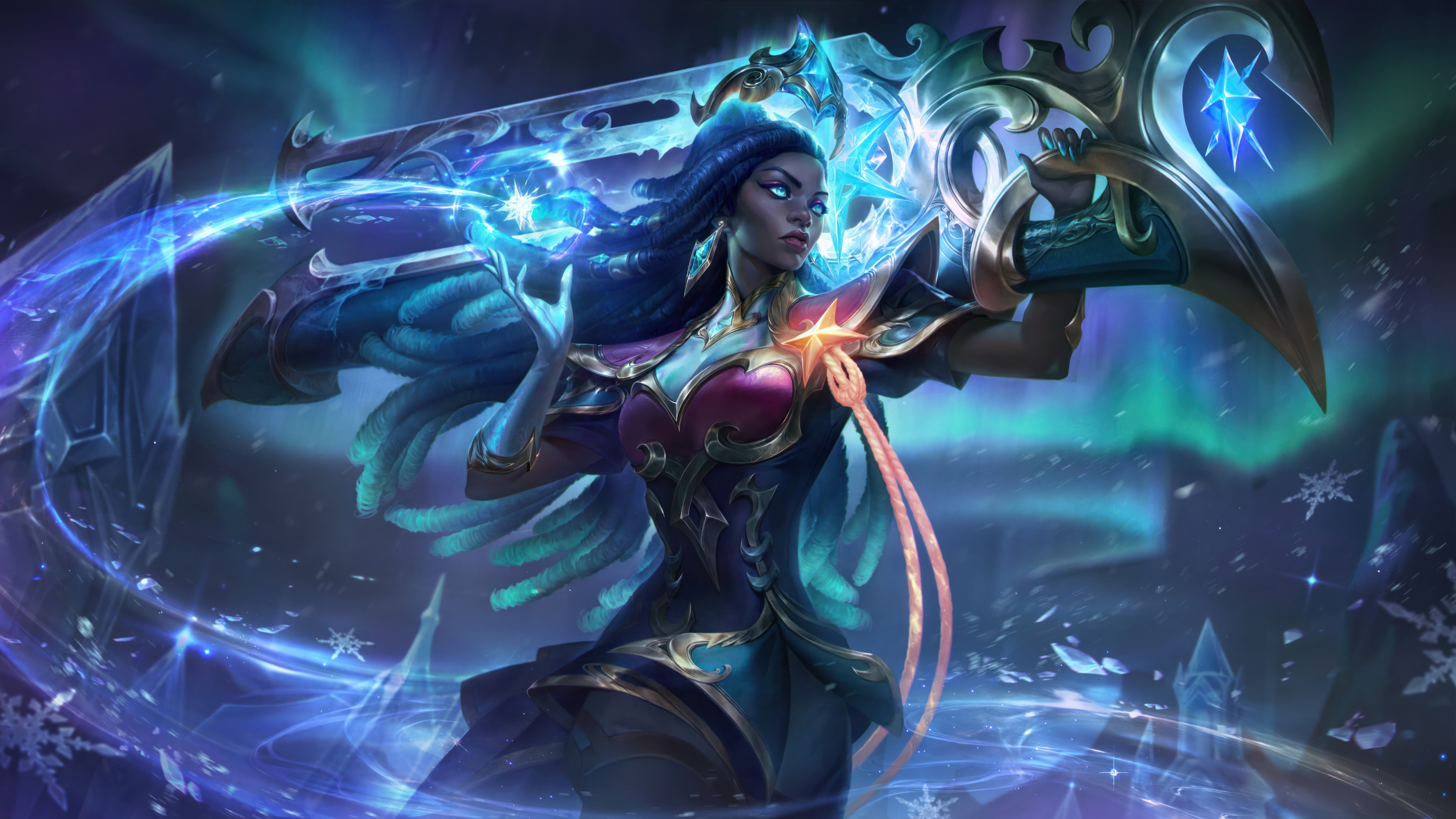 General 7680x4320 League of Legends digital art Riot Games GZG video games Winterblessed (League of Legends) Senna (League of Legends) video game characters 4K video game art dreadlocks video game girls lights aurorae looking away night snowflakes long hair
