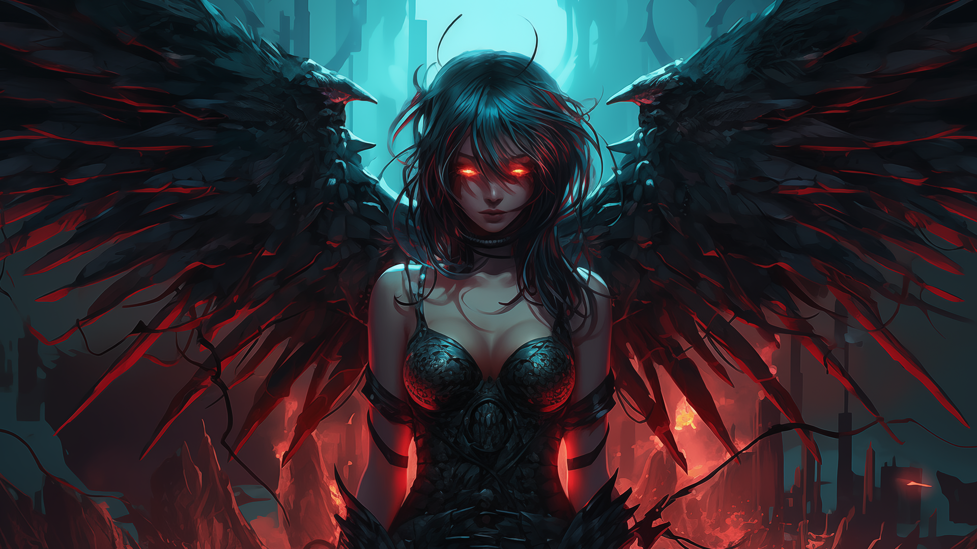 General 1920x1080 AI art angel evil red wings women black hair dark hair glowing eyes red eyes looking at viewer digital art closed mouth cleavage long hair
