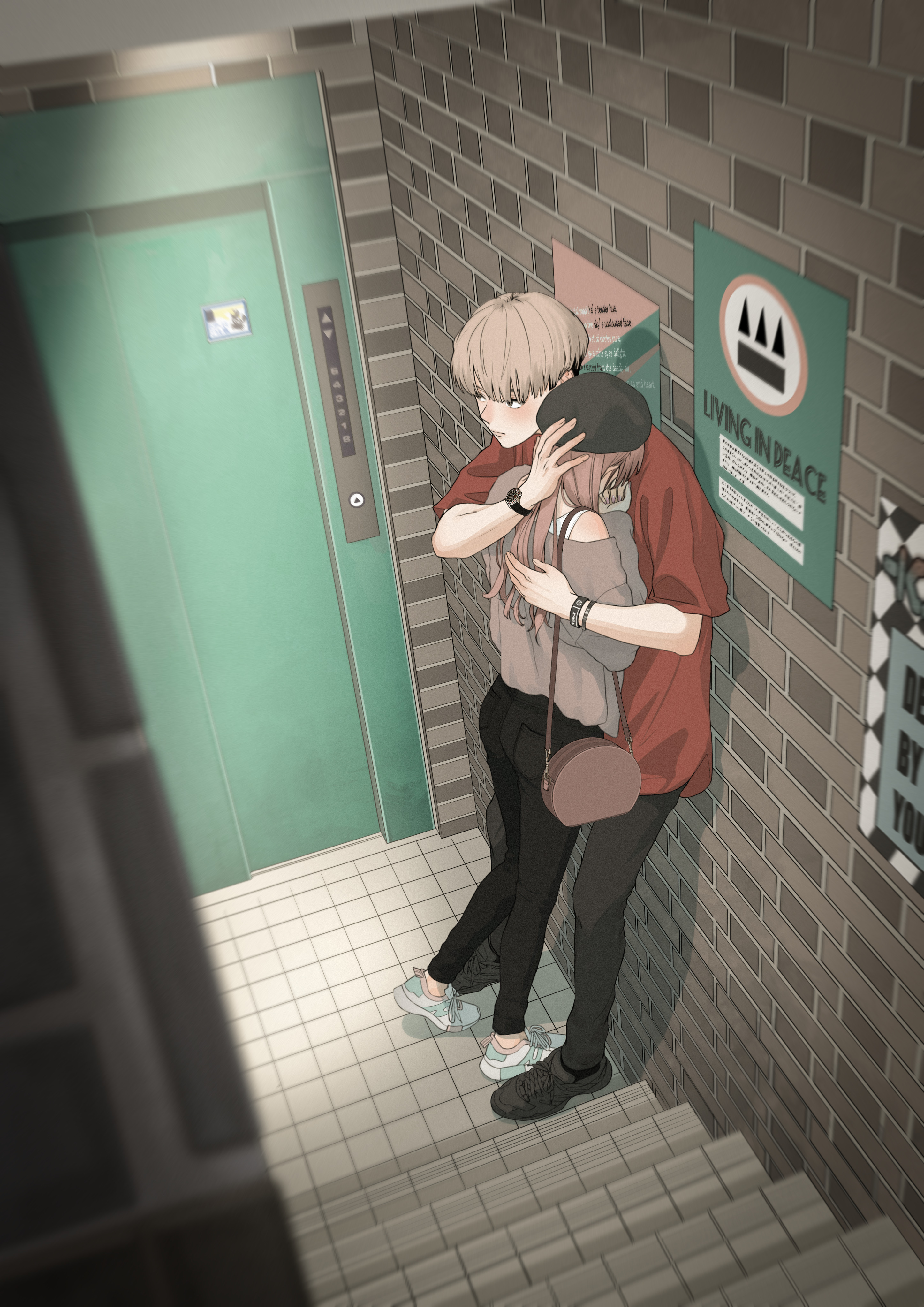 Anime 2894x4093 anime boys anime girls anime couple women long hair standing stairs elevator hat hugging purse shoes portrait display blushing watch bracelets poster