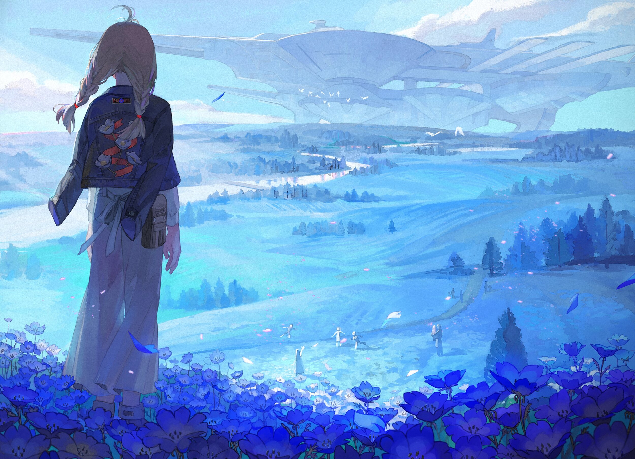Anime 2500x1806 Fuwan manga anime girls flowers digital art artwork spaceship standing looking into the distance petals landscape trees braids twintails clouds