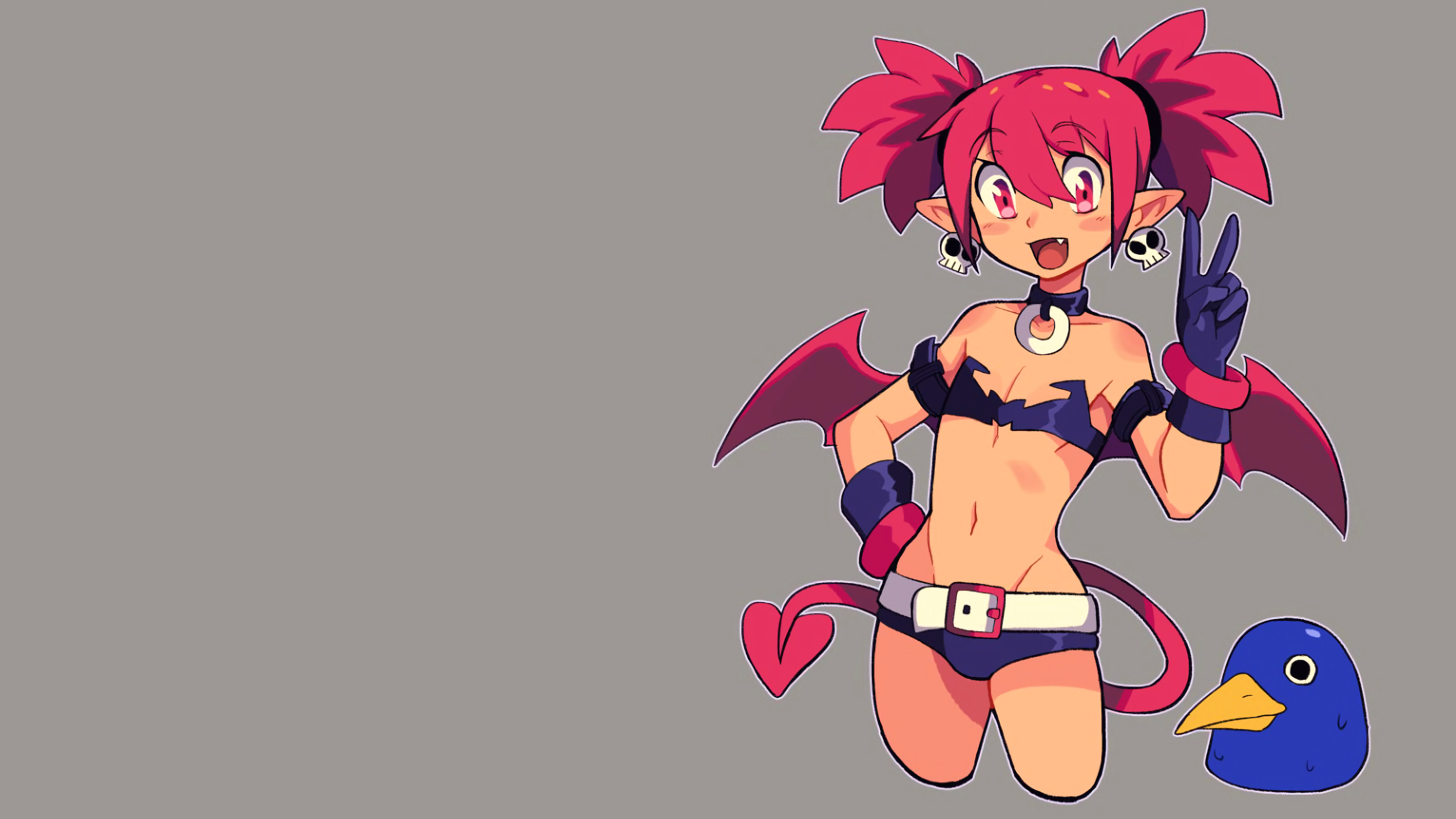 Anime 3840x2160 video games video game girls redhead Disgaea Etna red eyes twintails crop top short shorts belly belly button tail demon tail demon girls earring gloves black gloves thighs devil wings choker belt skull looking at viewer smiling peace sign open mouth simple background blushing penguins skimpy clothes