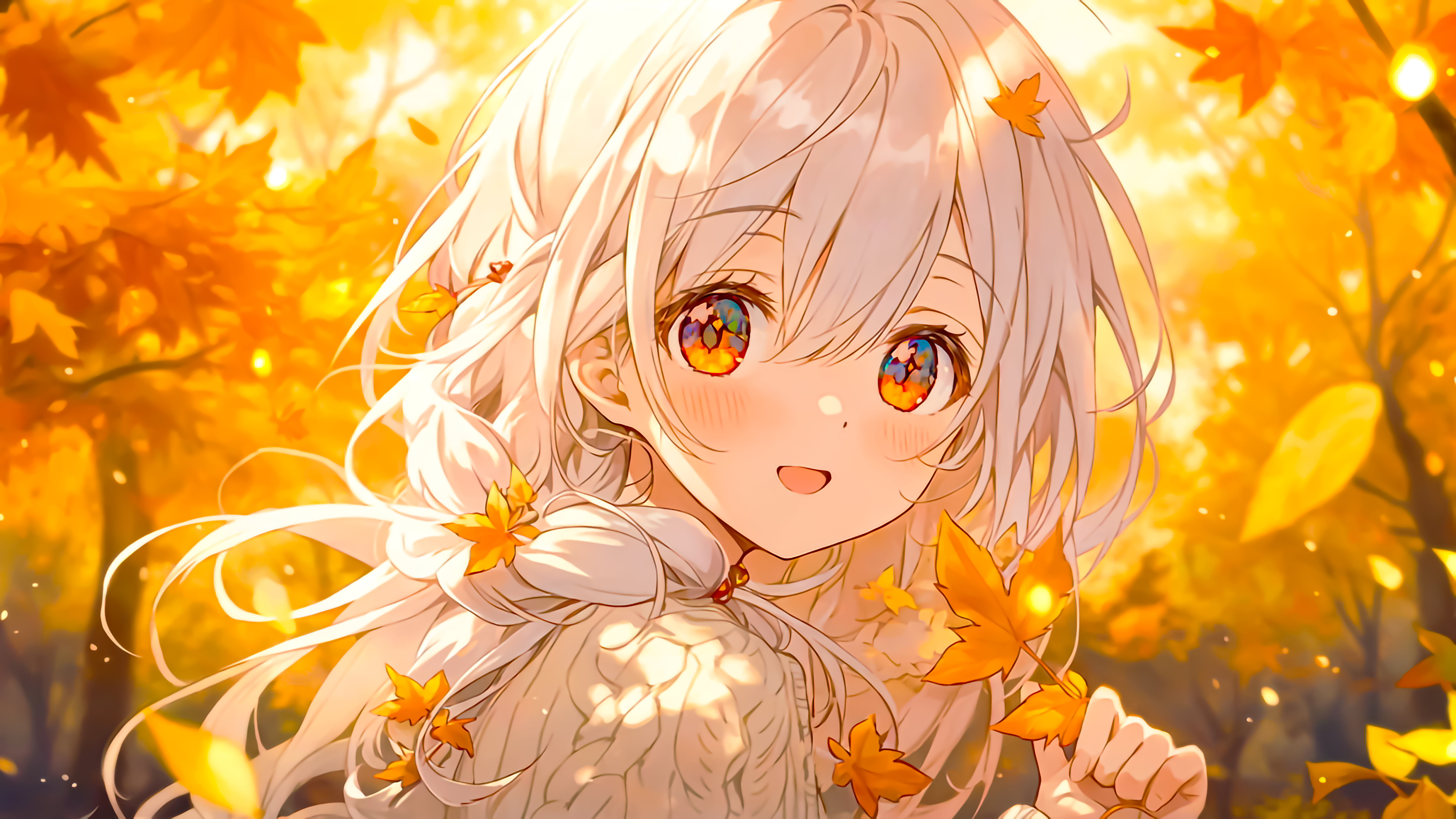 Anime 7111x4000 leaves anime girls simple background fall yellow looking at viewer blushing long hair multi-colored eyes smiling blurred blurry background white hair sunlight